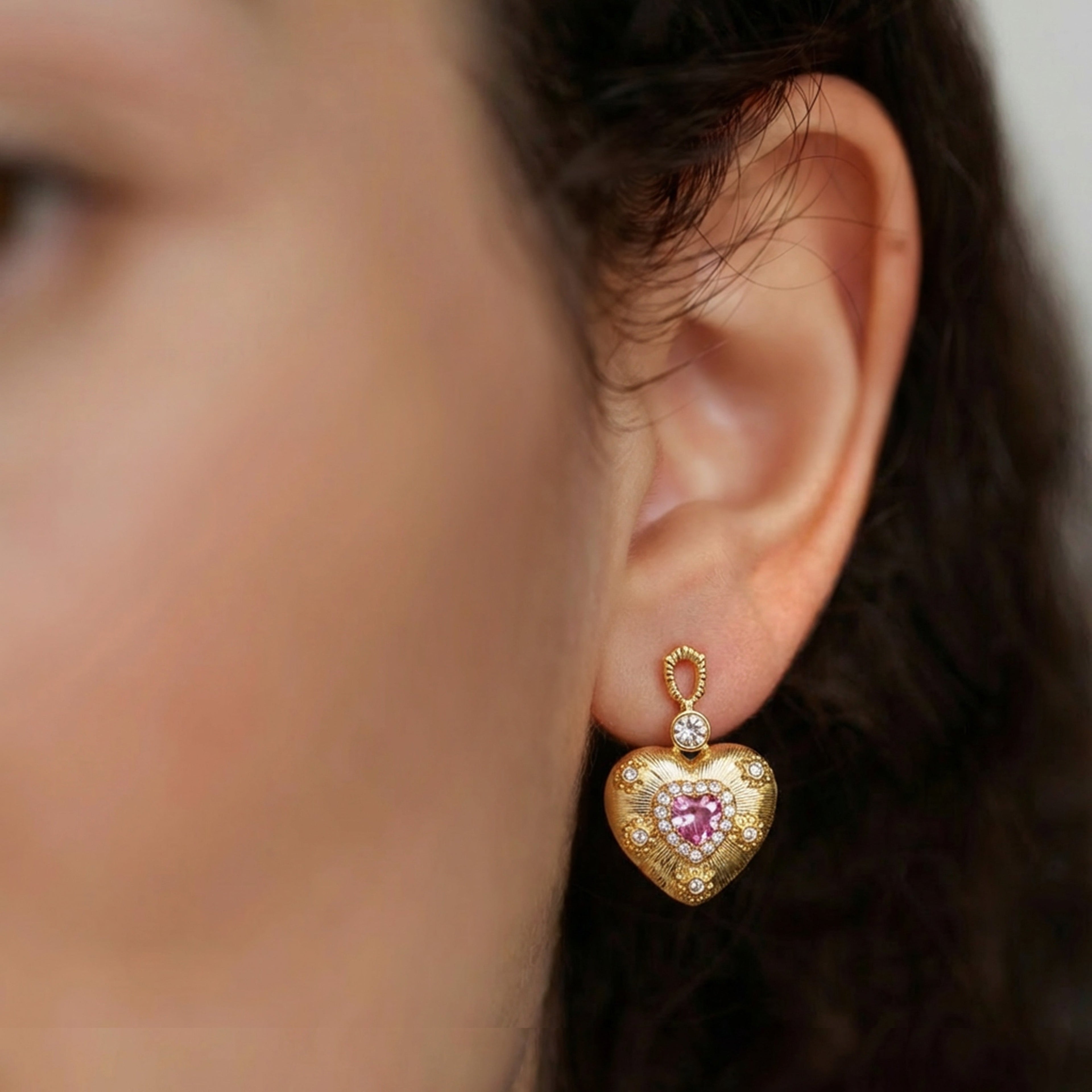 Pink Heart Zirconia Drop Earrings