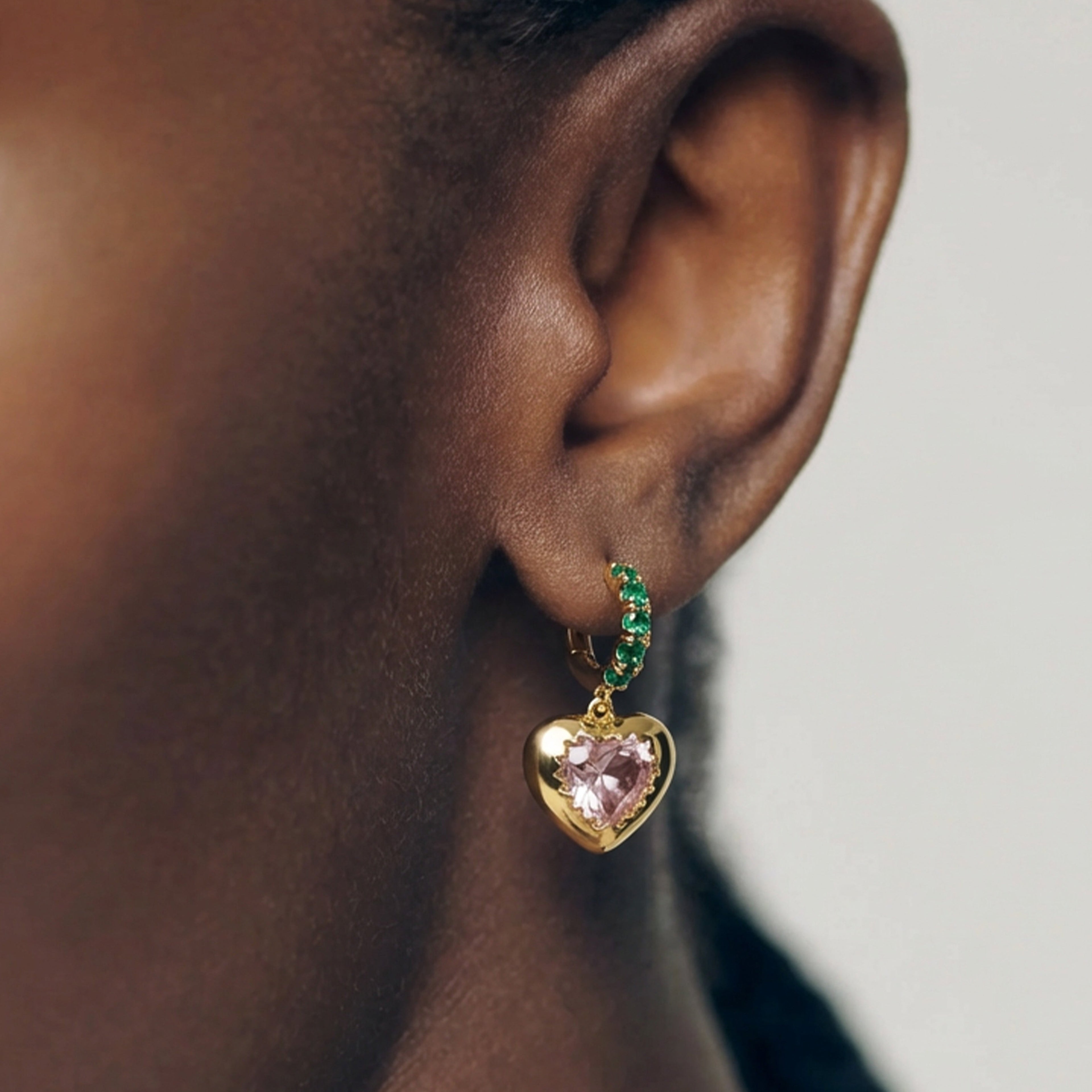 Green CZ Heart Drop Hoop Earrings