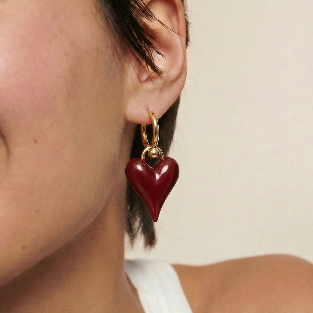 Gold-Tone Glossy Heart Drop Hoop Earrings