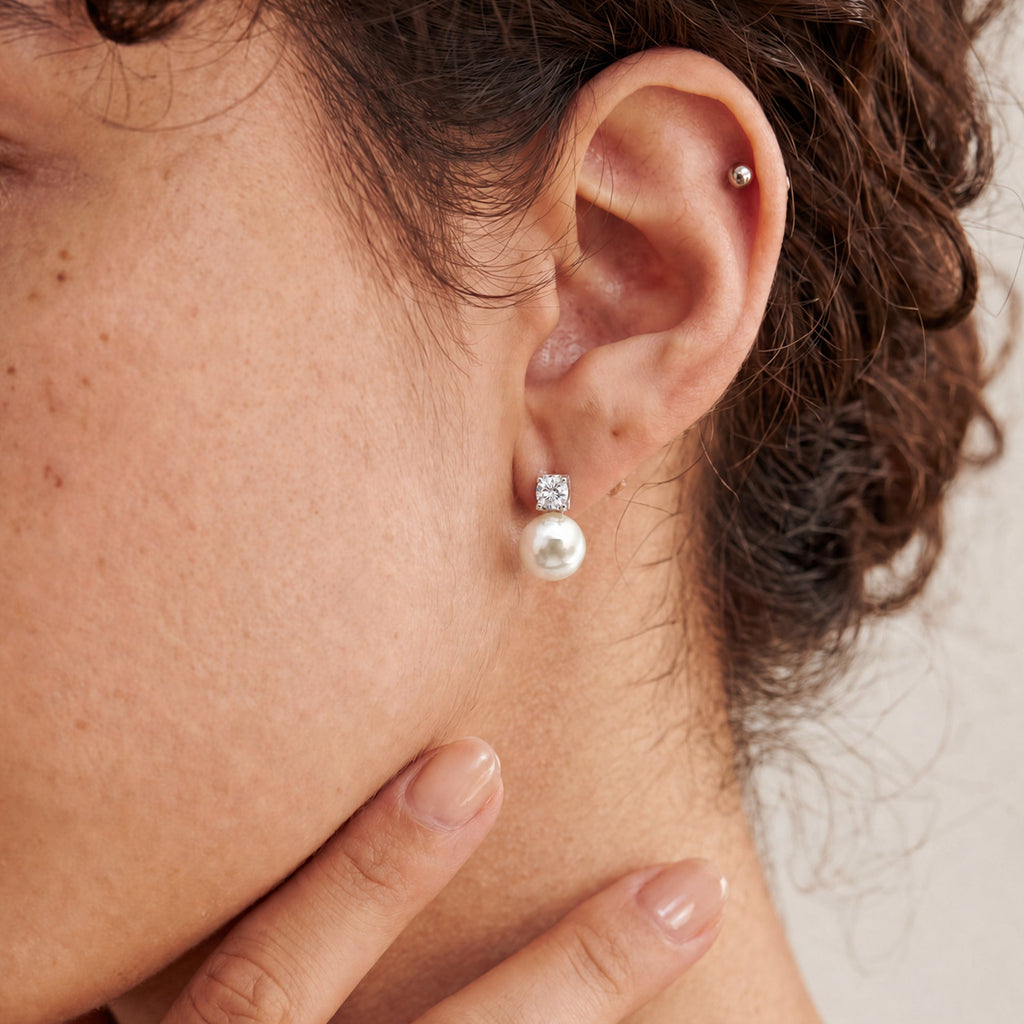 Zircon Pearl Drop Stud Earrings