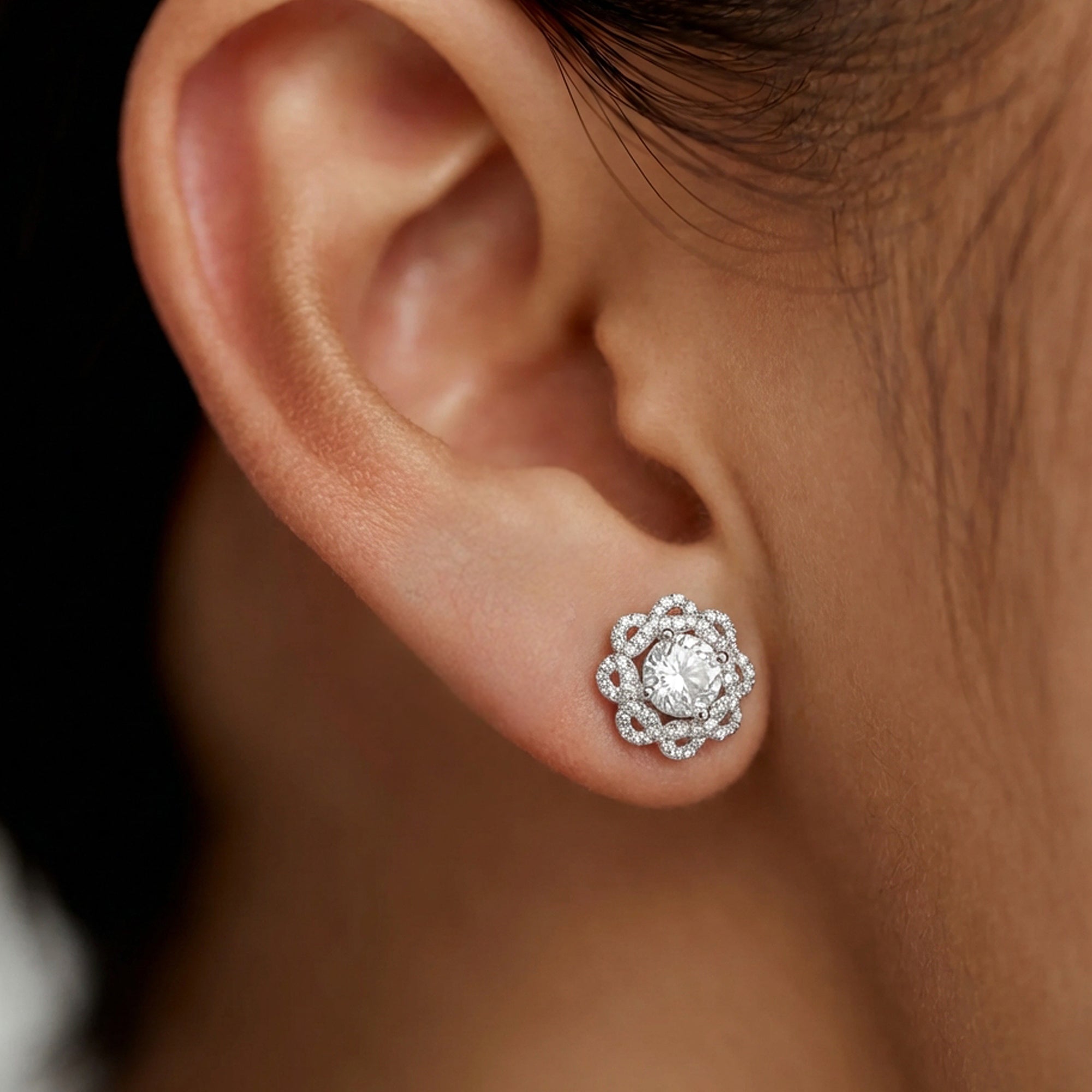 Silver-Tone Zircon Floral Stud Earrings
