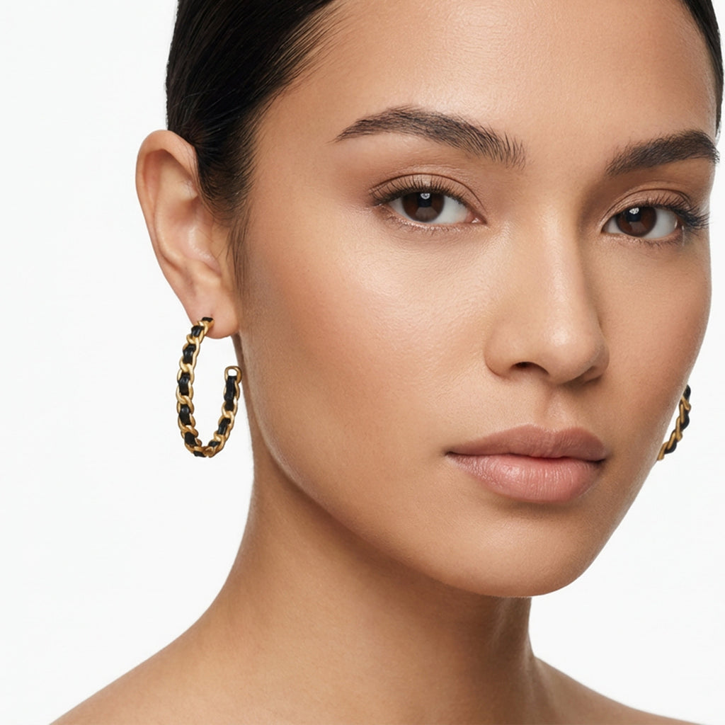 Black Woven Gold-Tone Chain Hoop Earrings