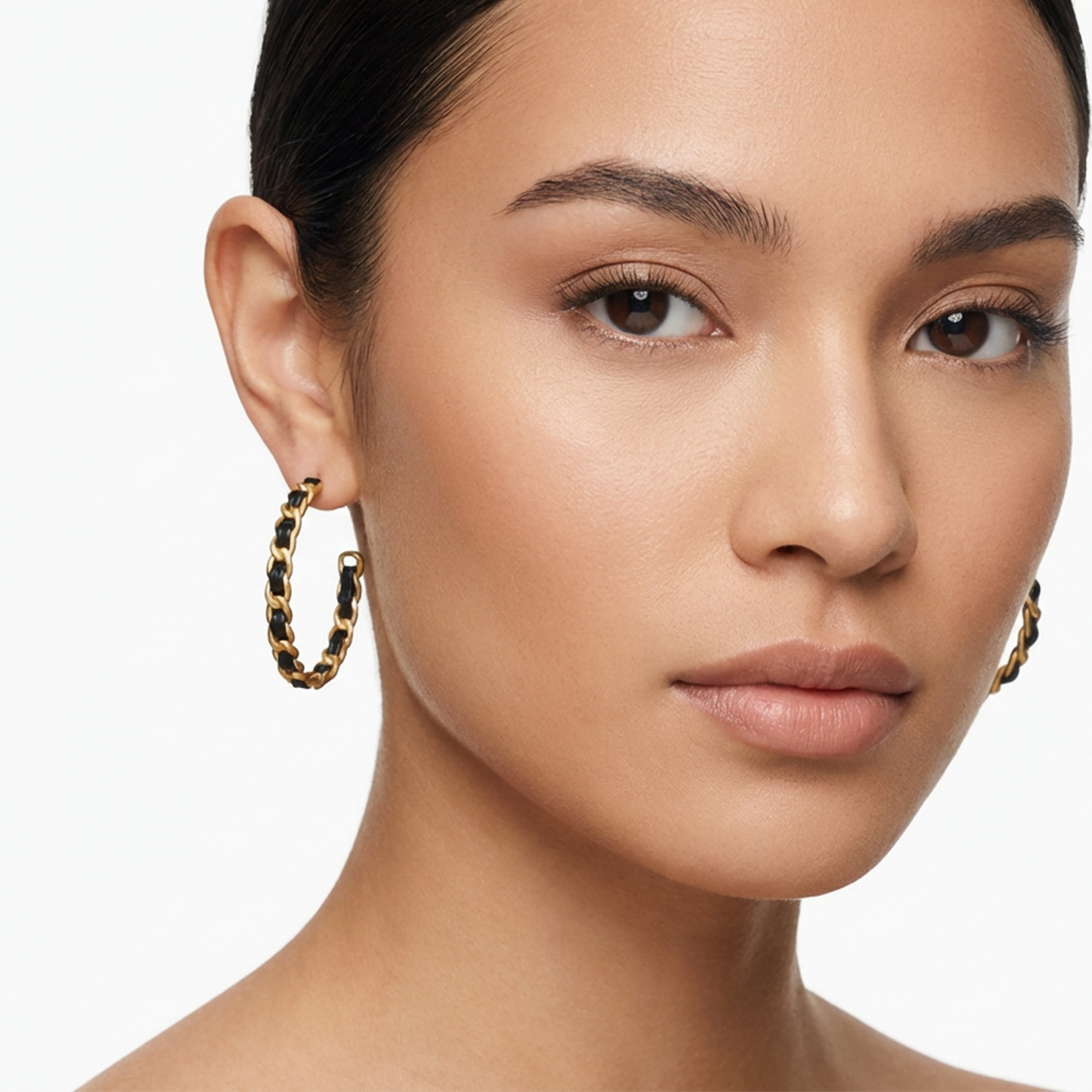 Black Woven Gold-Tone Chain Hoop Earrings