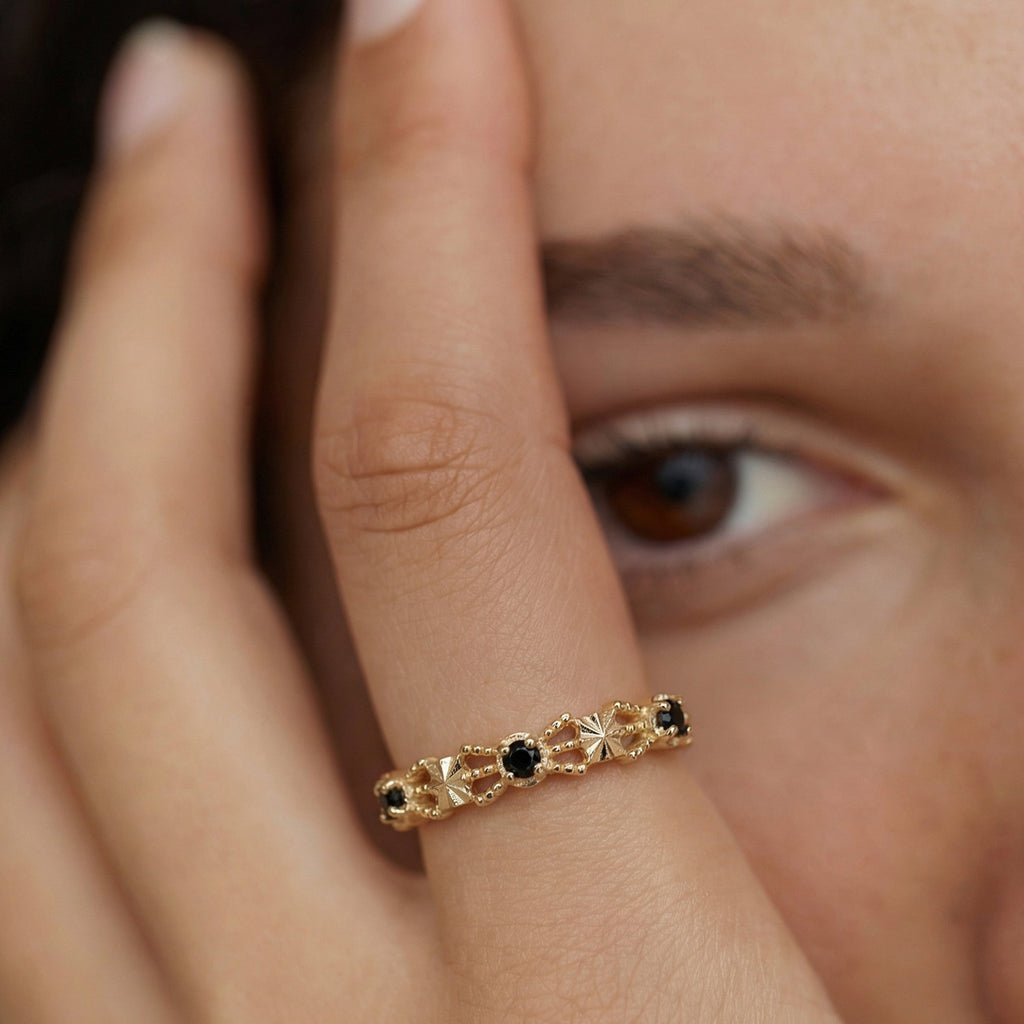 Gold-Plated S925 Patterned Stone Band Ring