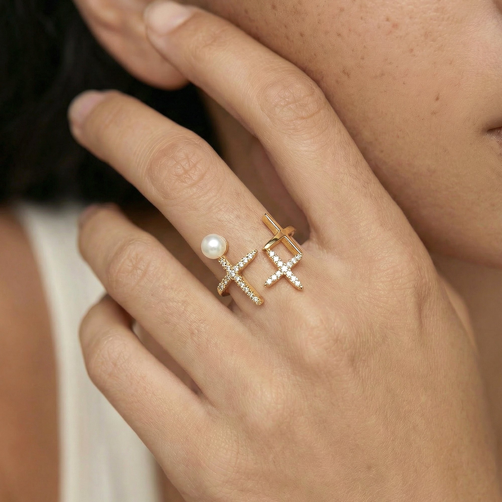 18K Gold-Plated Brass Pearl CZ Open Ring