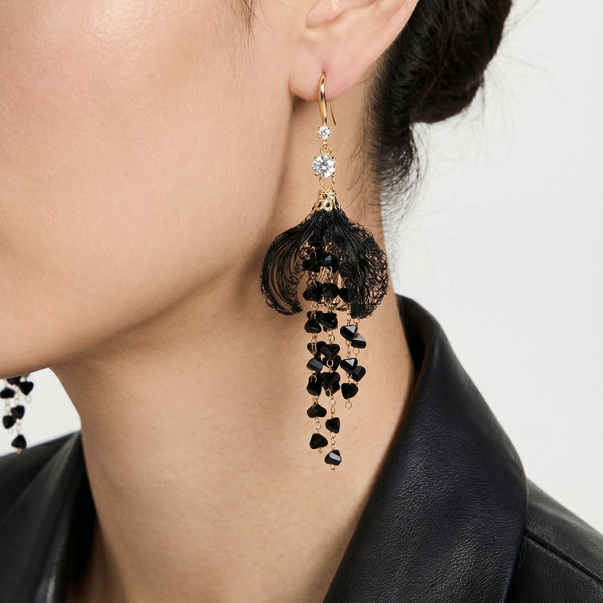 Black Tassel Zircon Fishhook Drop Earrings