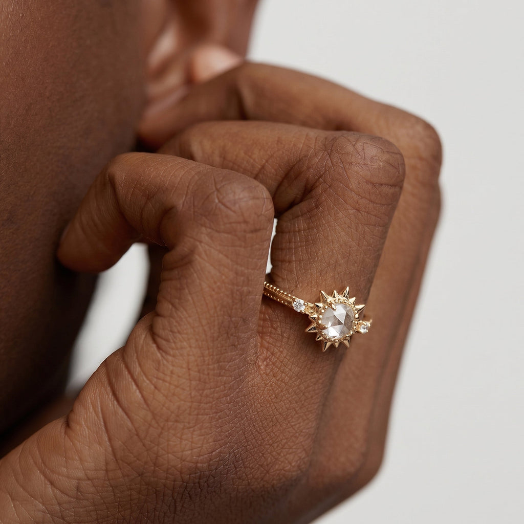 White Crystal Sunburst Gold-Plated S925 Ring
