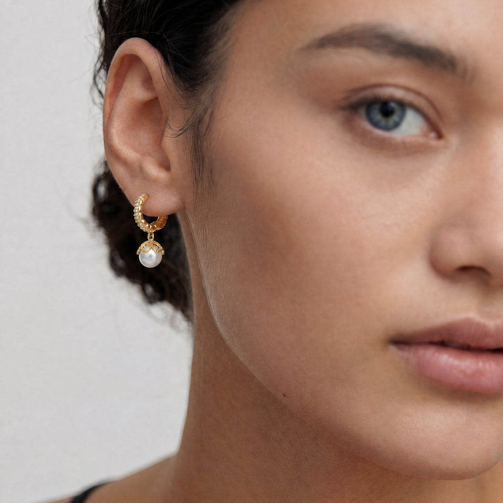 Ornate Hoop Pearl Drop Earrings