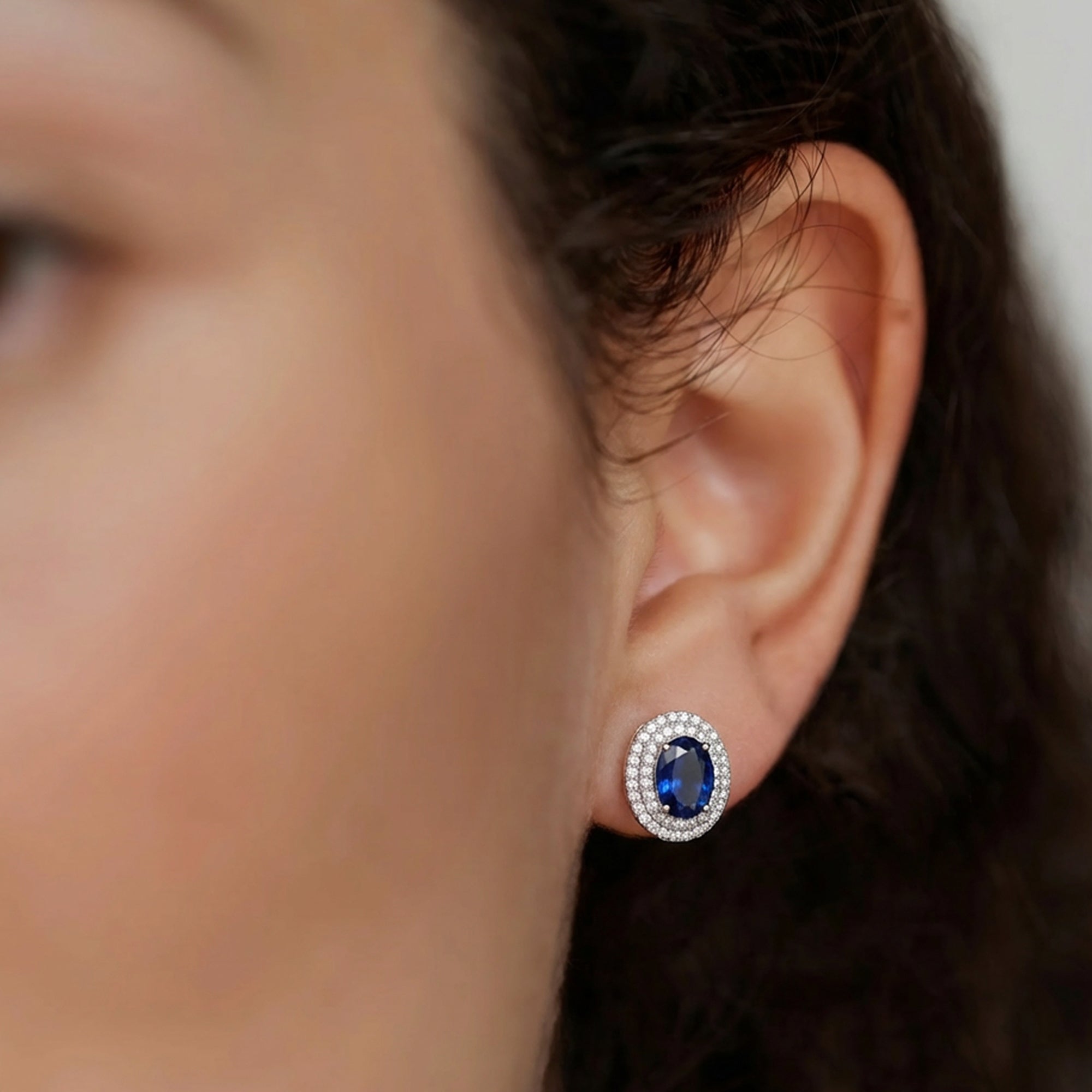 Blue Oval Zirconia Halo Stud Earrings