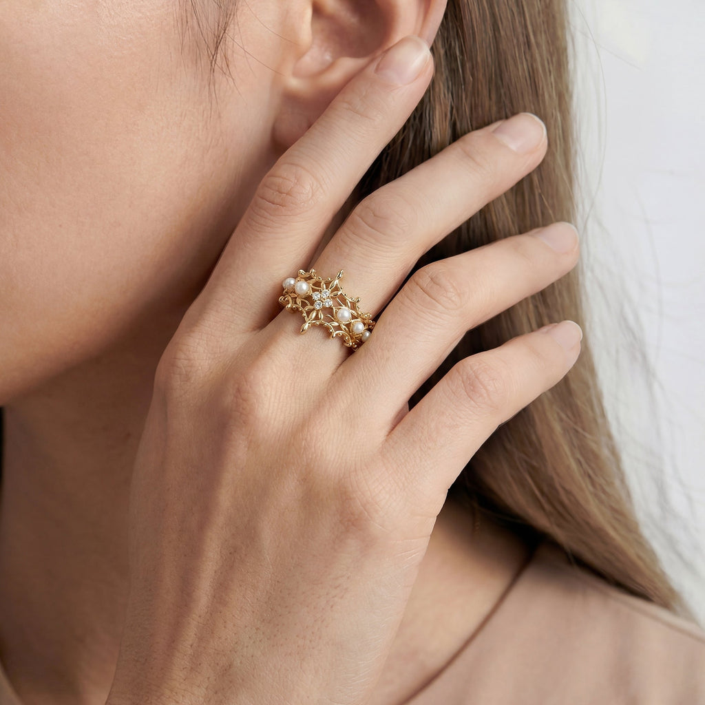 S925 Gold Plated Pearl Floral Adjustable Ring