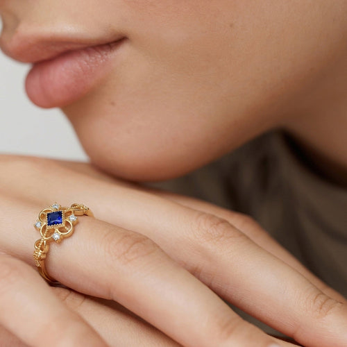 18K Gold-Plated S925 Blue Zircon Filigree Ring