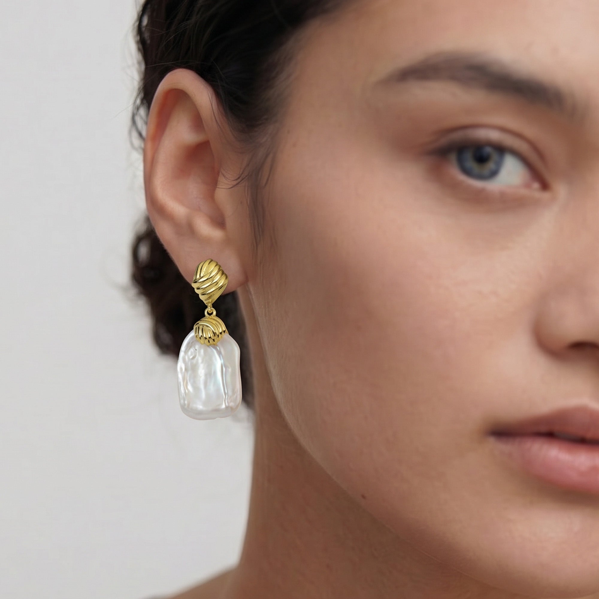 Textured Gold Baroque Pearl Drop Earrings