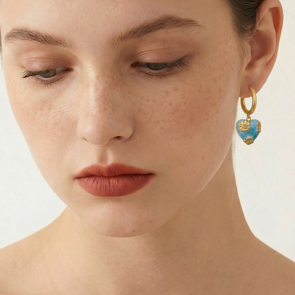 Blue Floral Heart Hinged Hoop Earrings