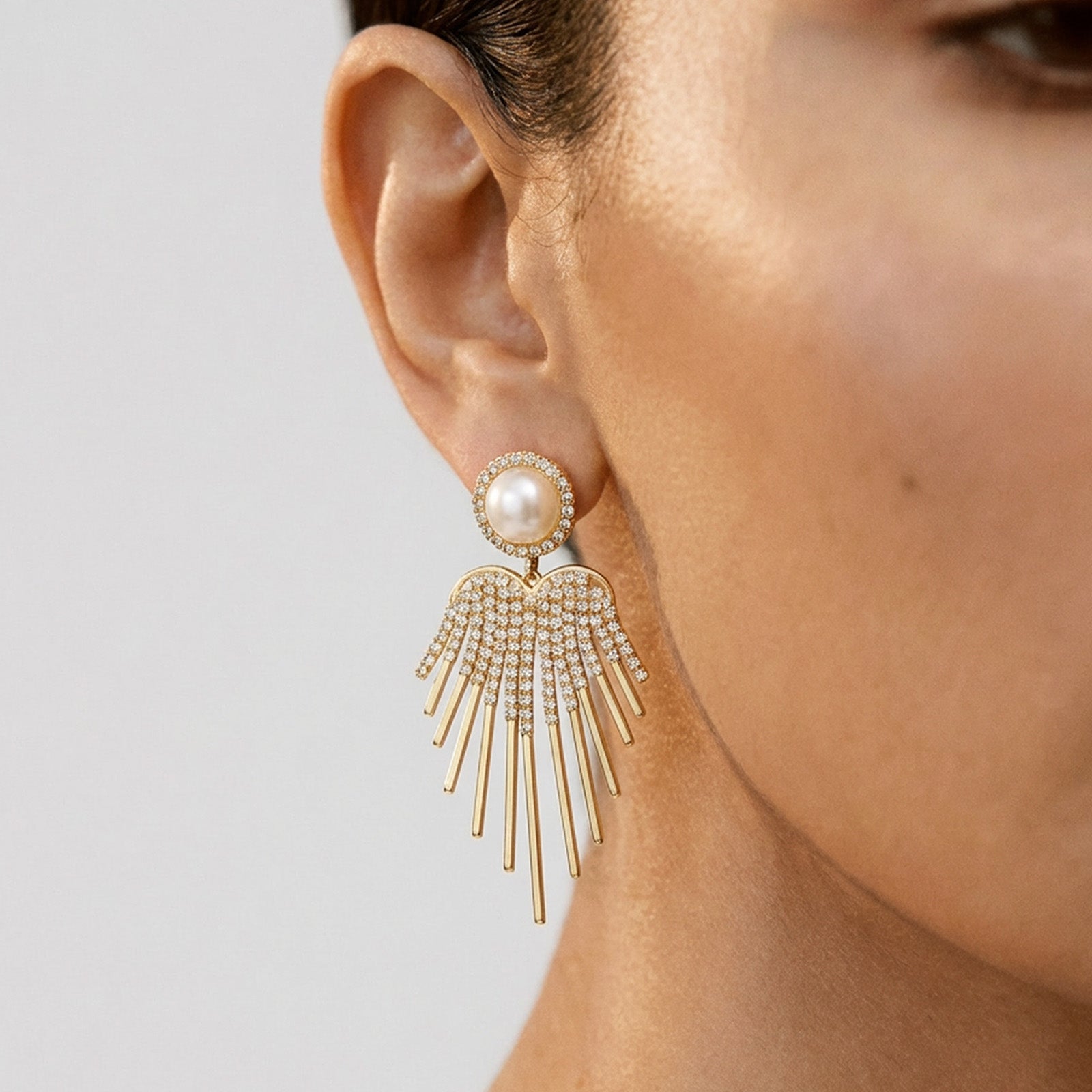 Pearlescent Zircon Wing Fringe Drop Earrings