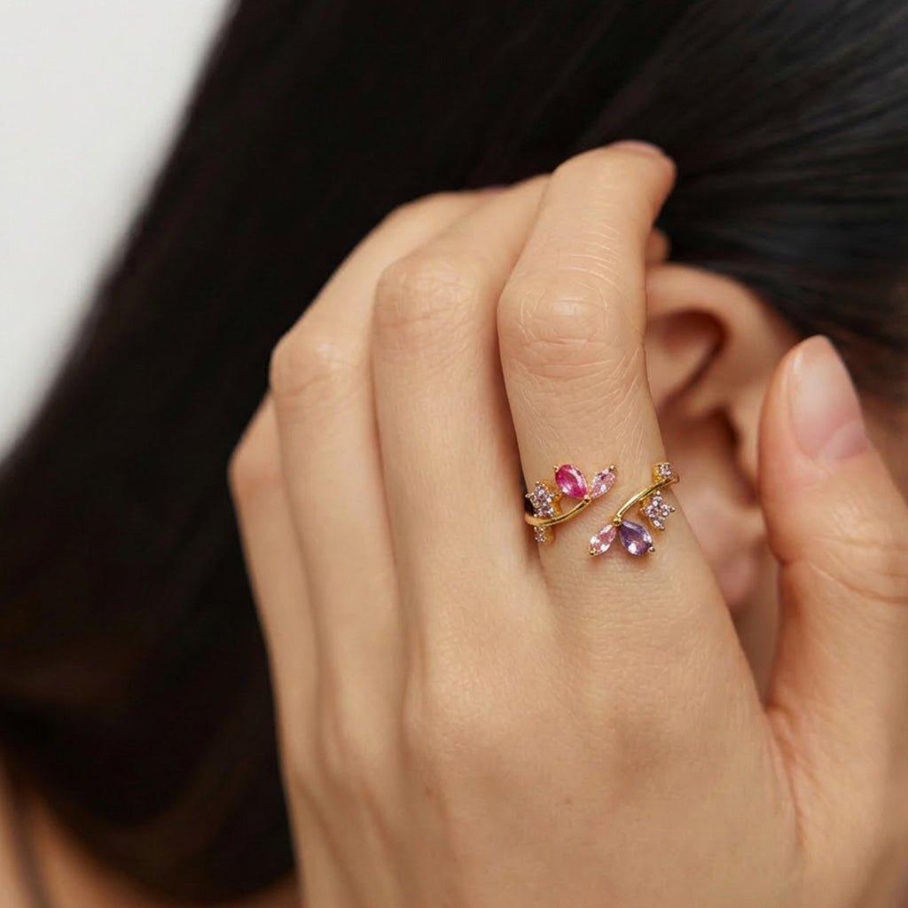 18K Gold-Plated S925 Floral Zircon Open Ring