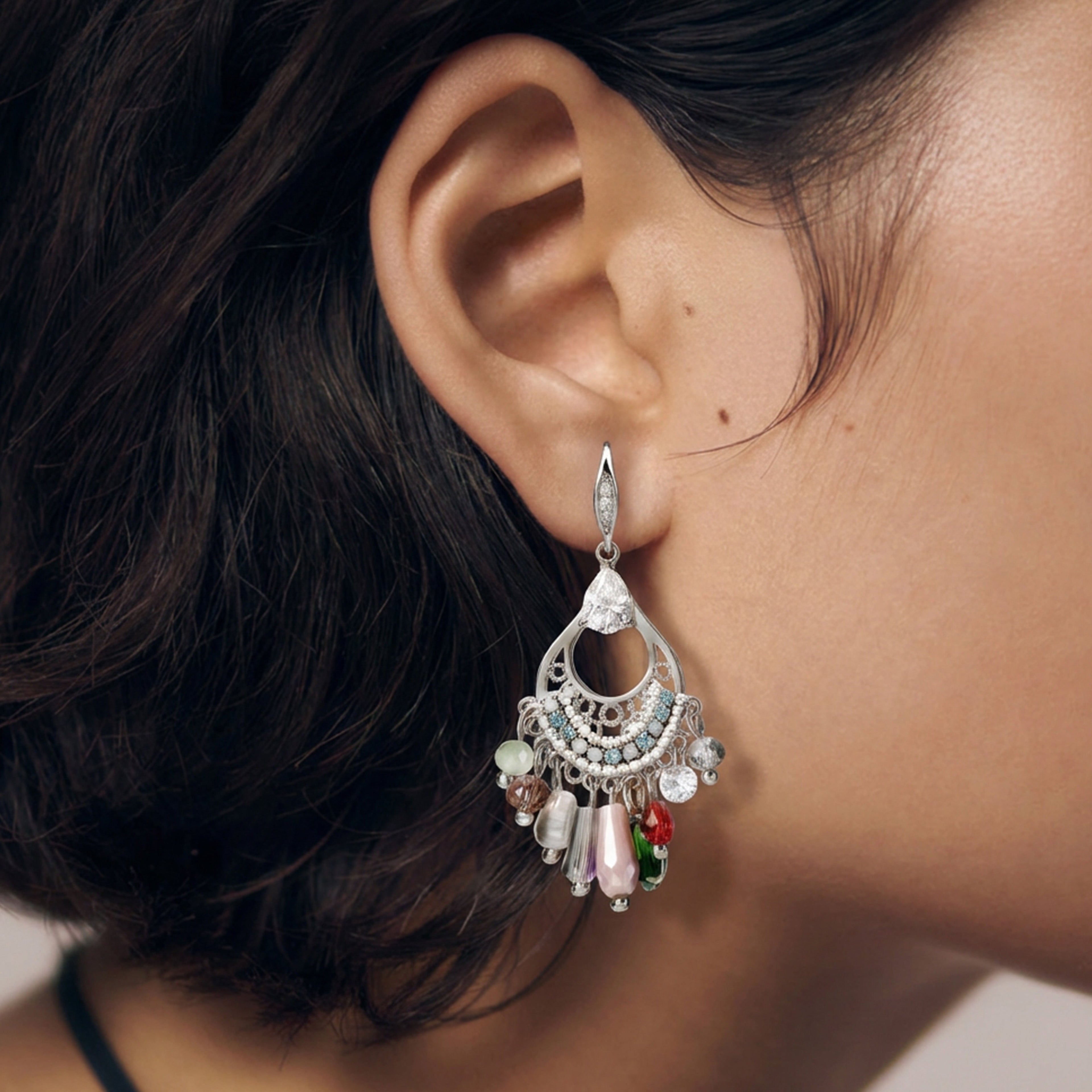 Silver-Tone Zircon Beaded Chandelier Earrings