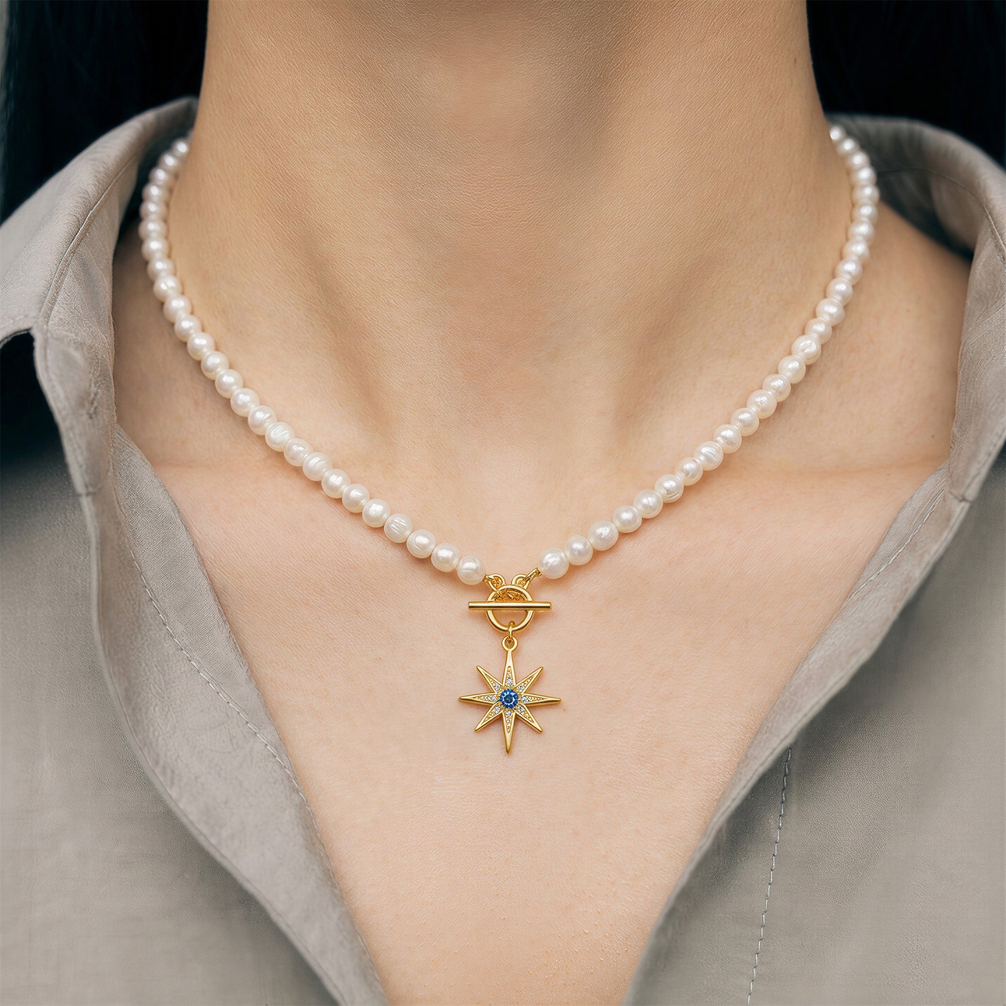 Gold-Plated Blue Starburst Pearl-Bead Necklace