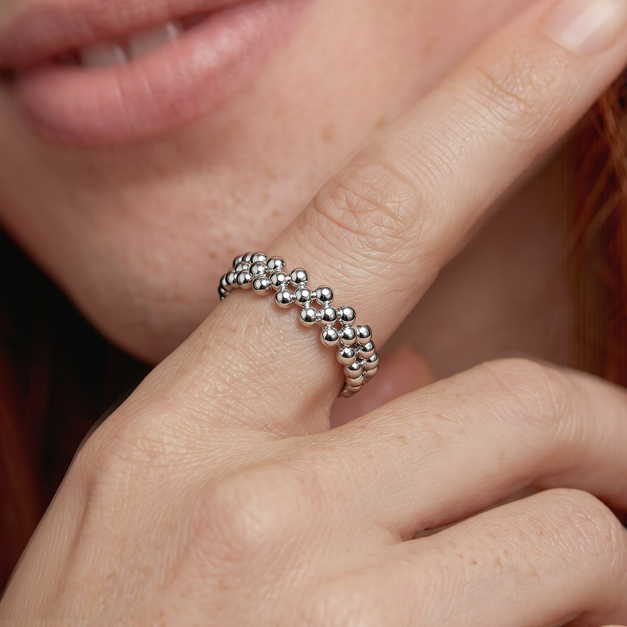 S999 Silver Beaded Open Adjustable Ring