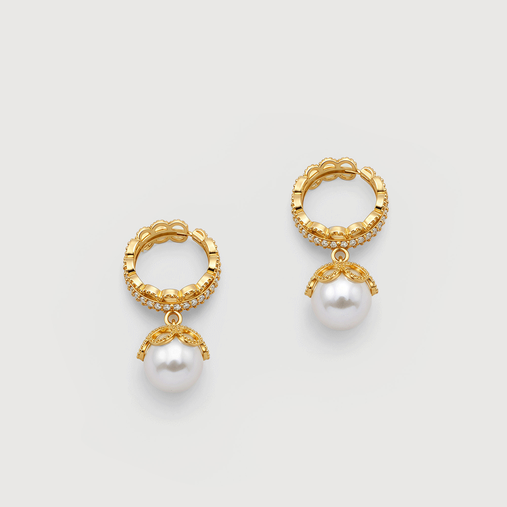 Ornate Hoop Pearl Drop Earrings