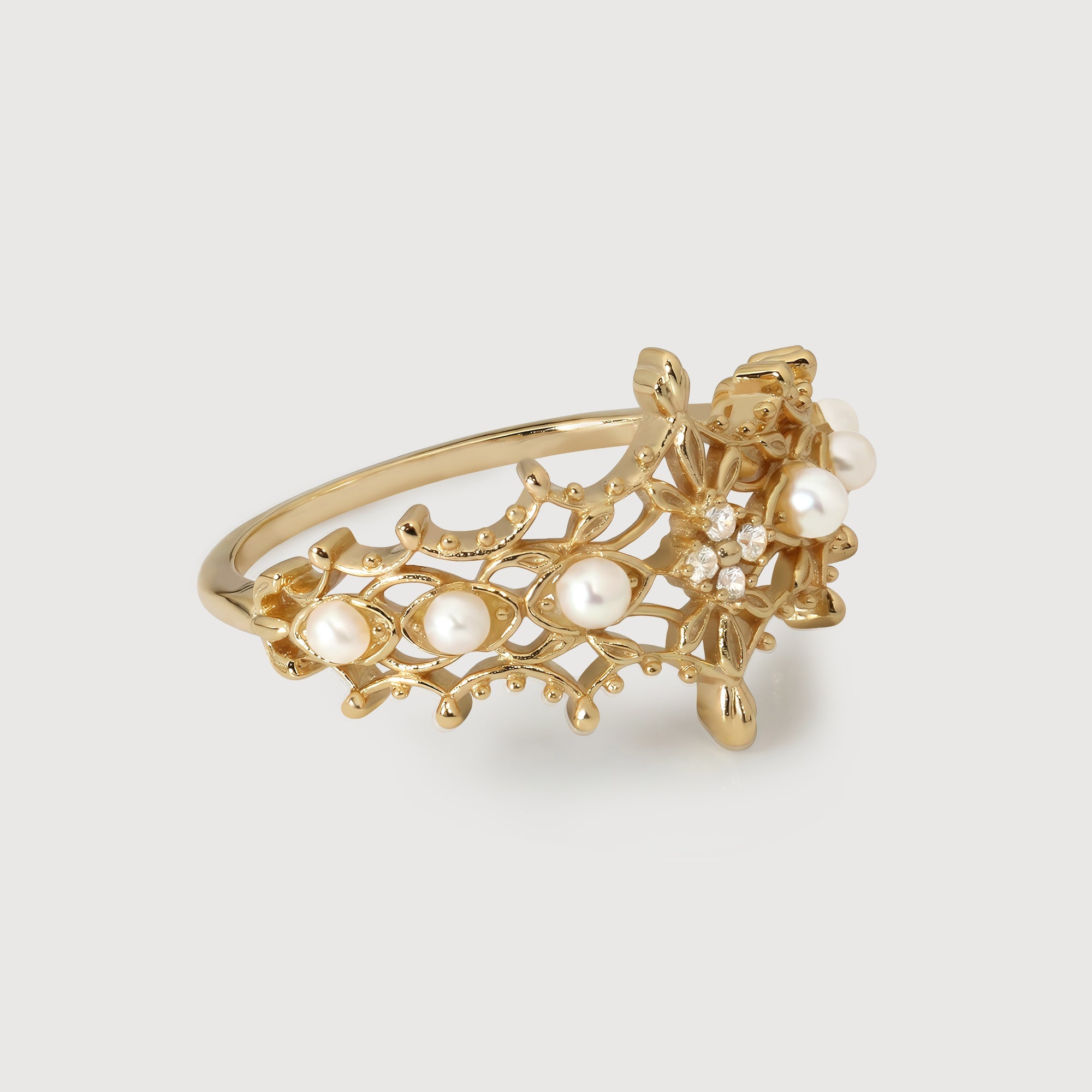 S925 Gold Plated Pearl Floral Adjustable Ring