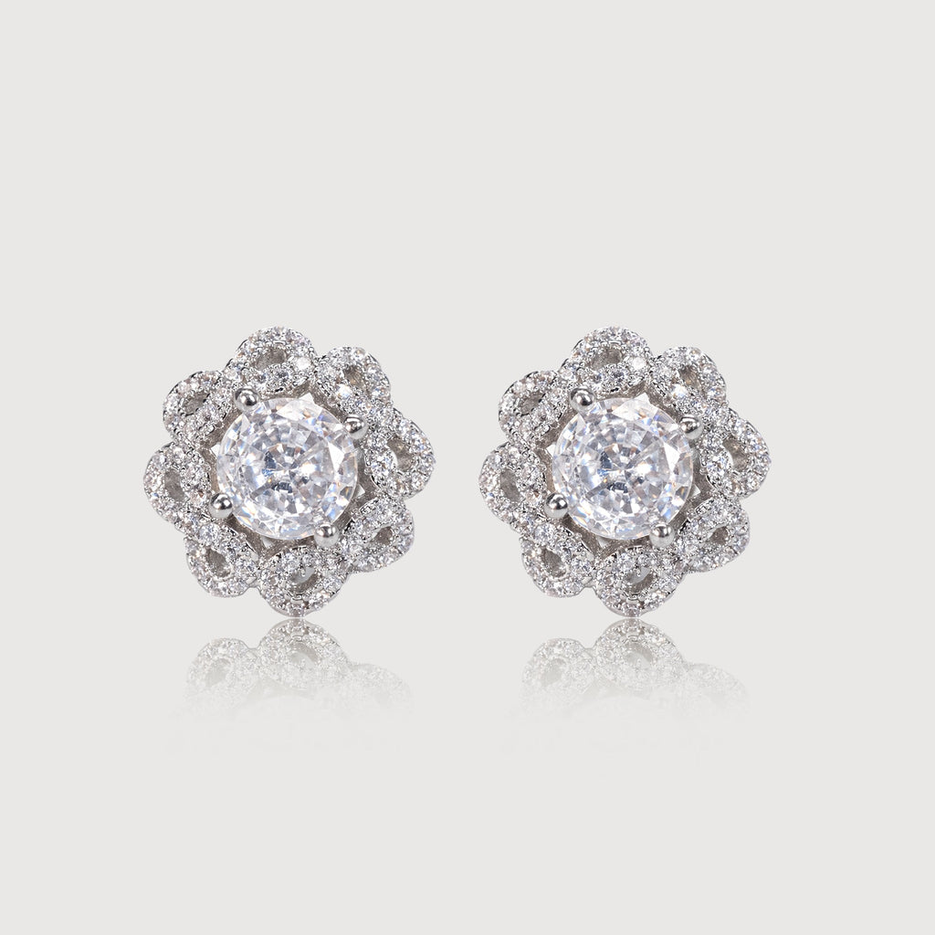 Silver-Tone Zircon Floral Stud Earrings