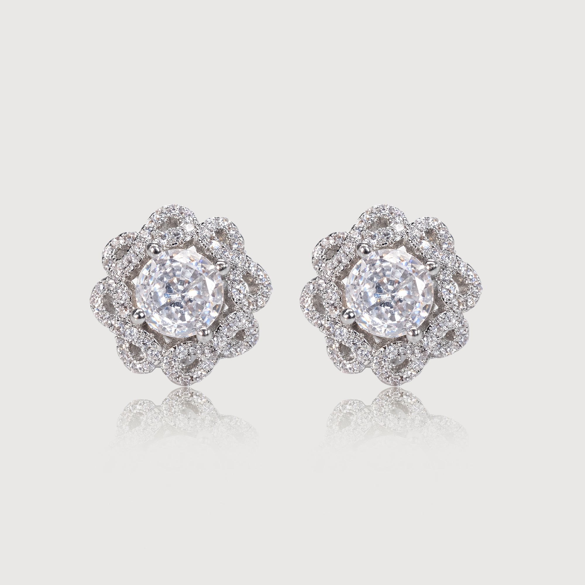 Silver-Tone Zircon Floral Stud Earrings