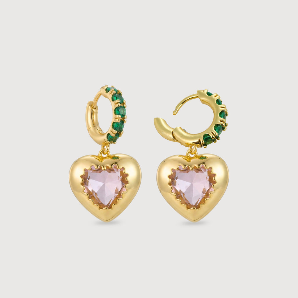 Green CZ Heart Drop Hoop Earrings