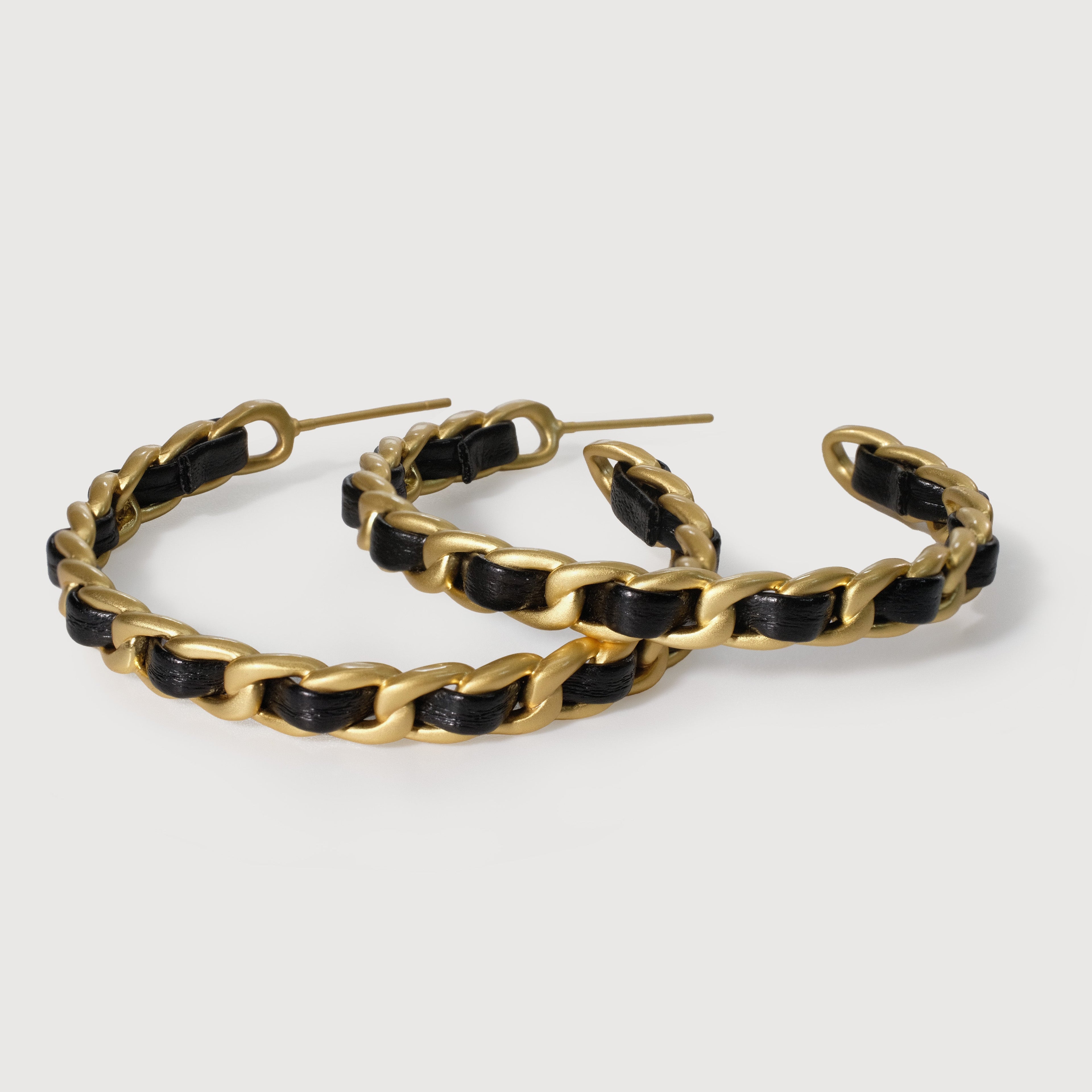 Black Woven Gold-Tone Chain Hoop Earrings