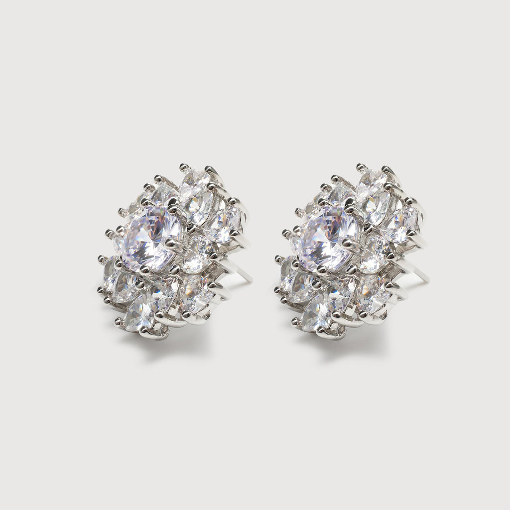 Silver-Tone Floral Cluster Zircon Stud Earrings