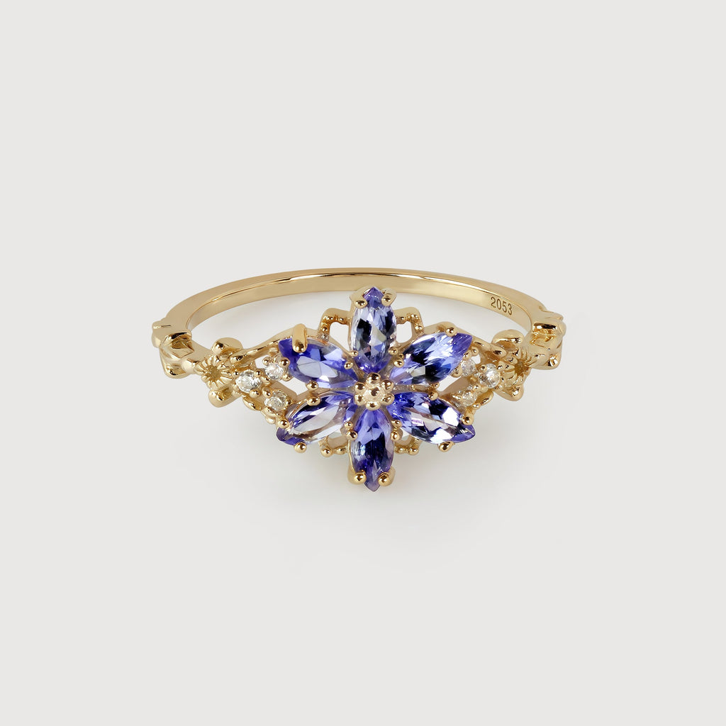 S925 Gold Plated Tanzanite Flower Adjustable Ring
