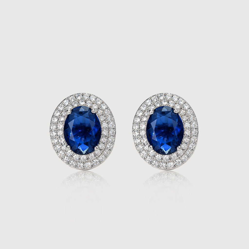 Blue Oval Zirconia Halo Stud Earrings