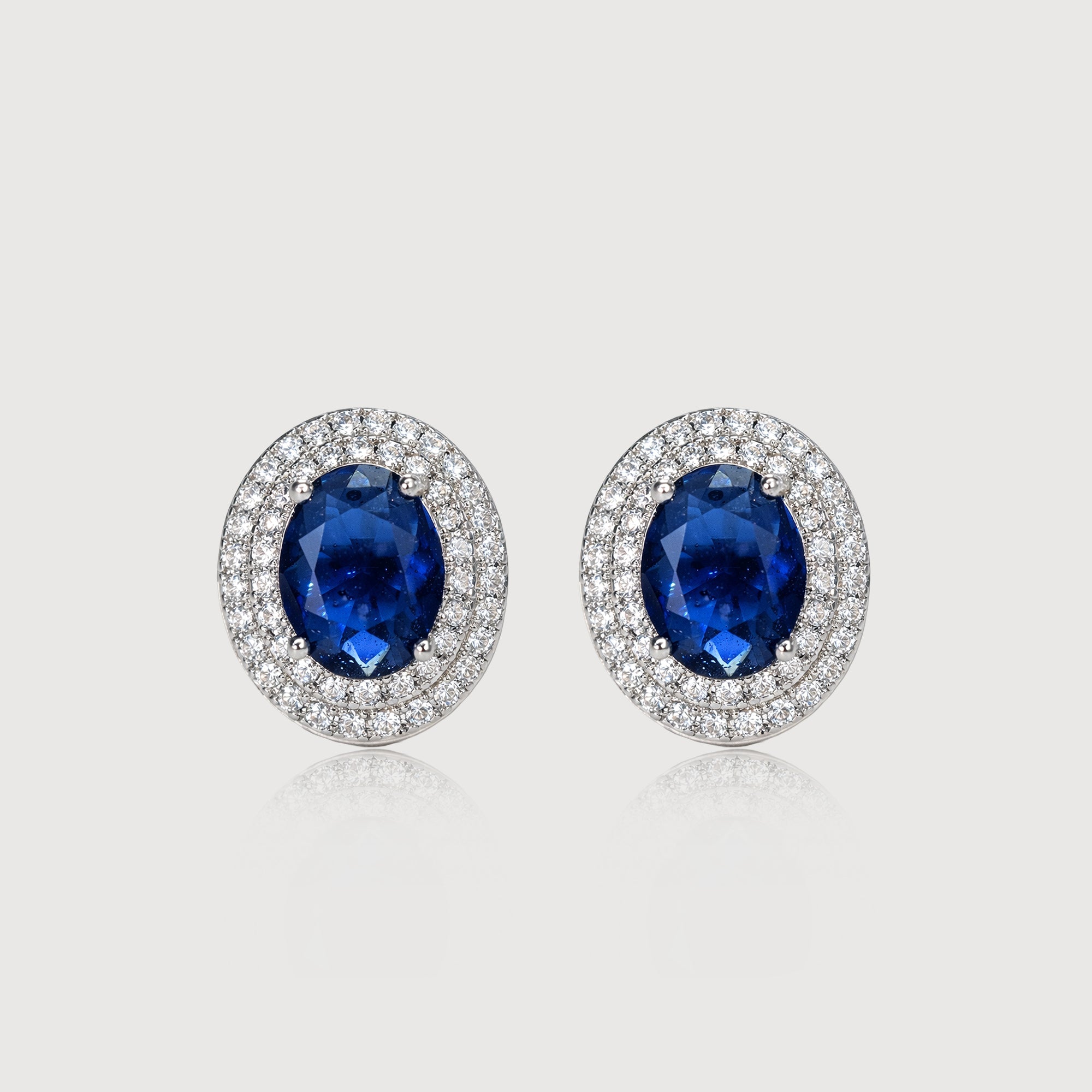 Blue Oval Zirconia Halo Stud Earrings