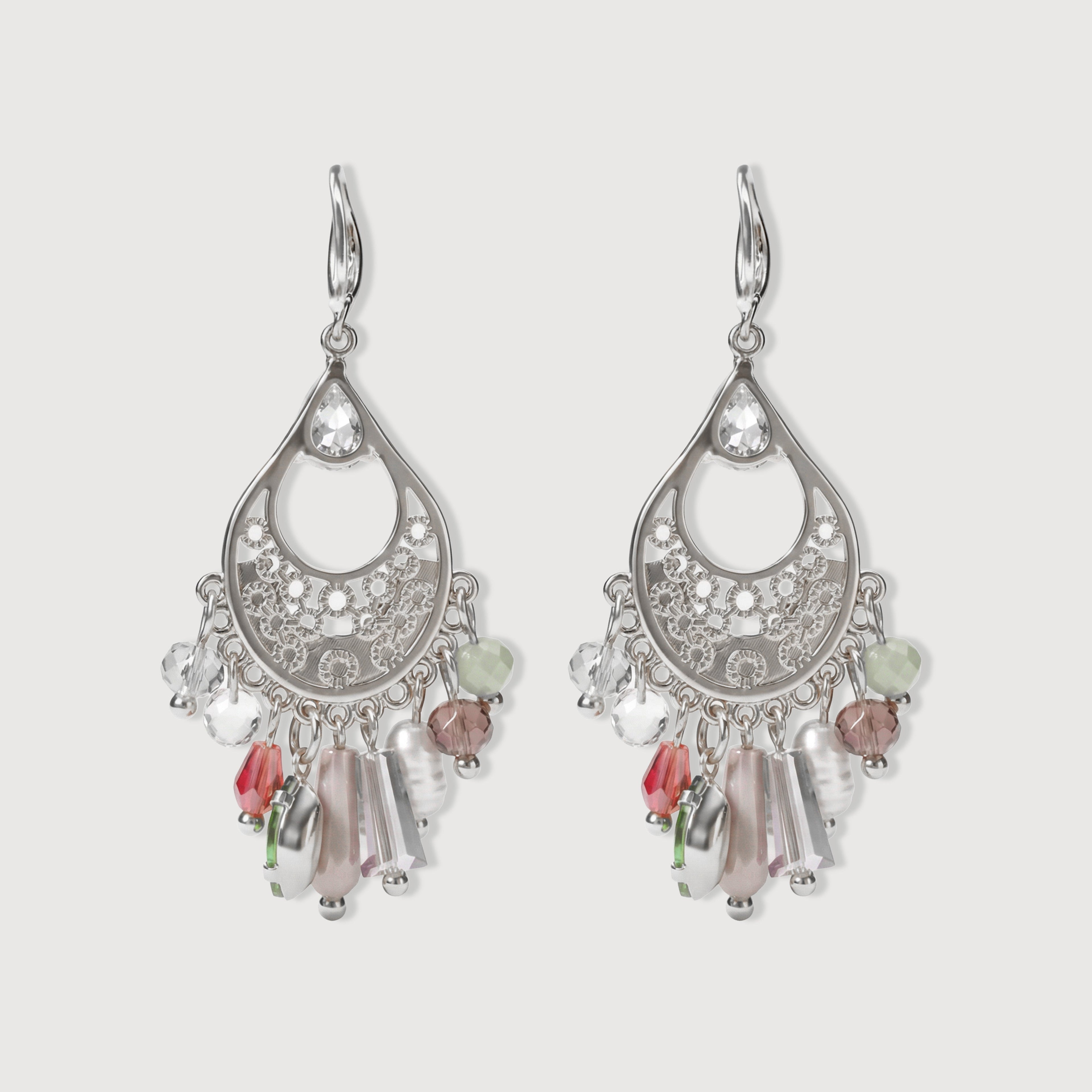 Silver-Tone Zircon Beaded Chandelier Earrings