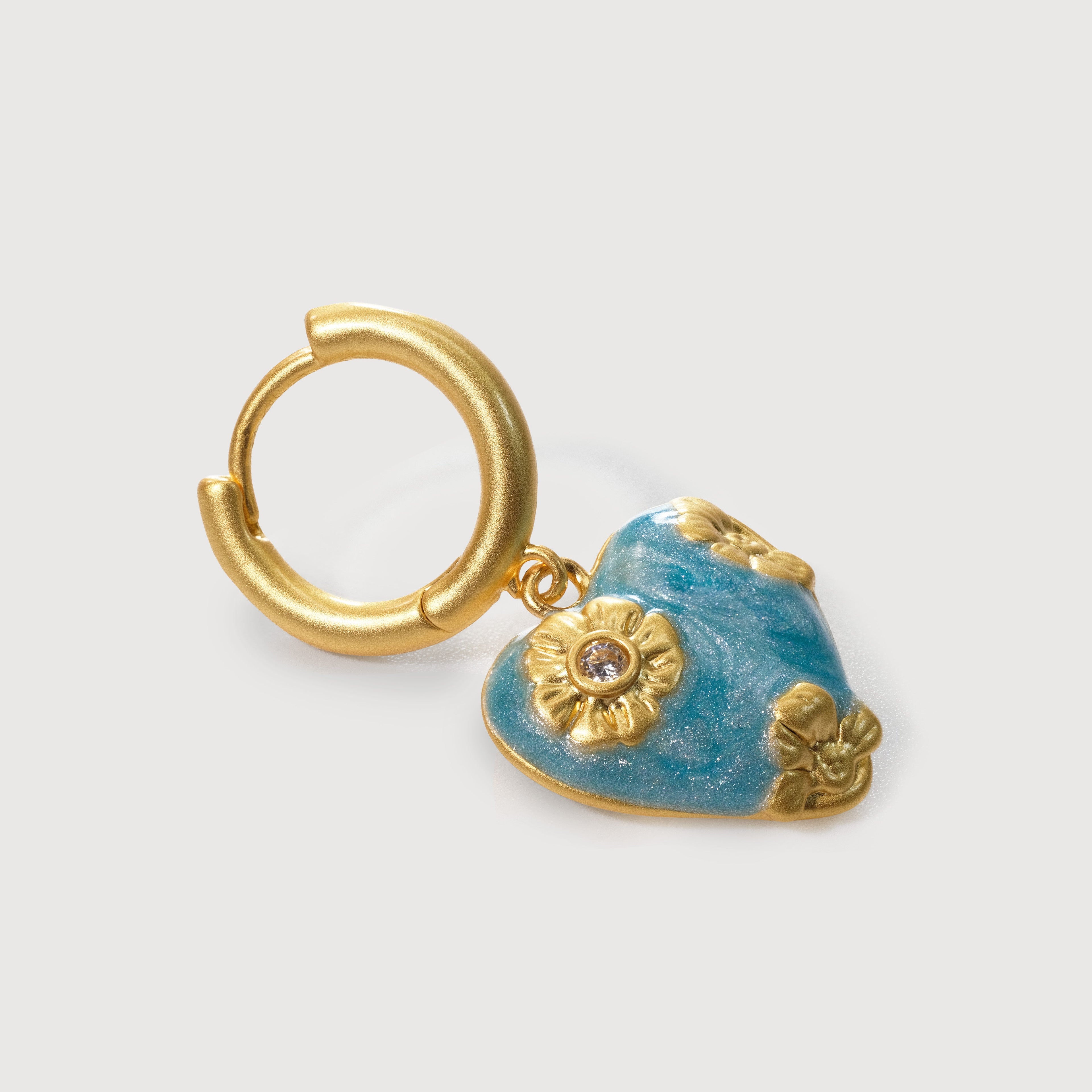 Blue Floral Heart Hinged Hoop Earrings