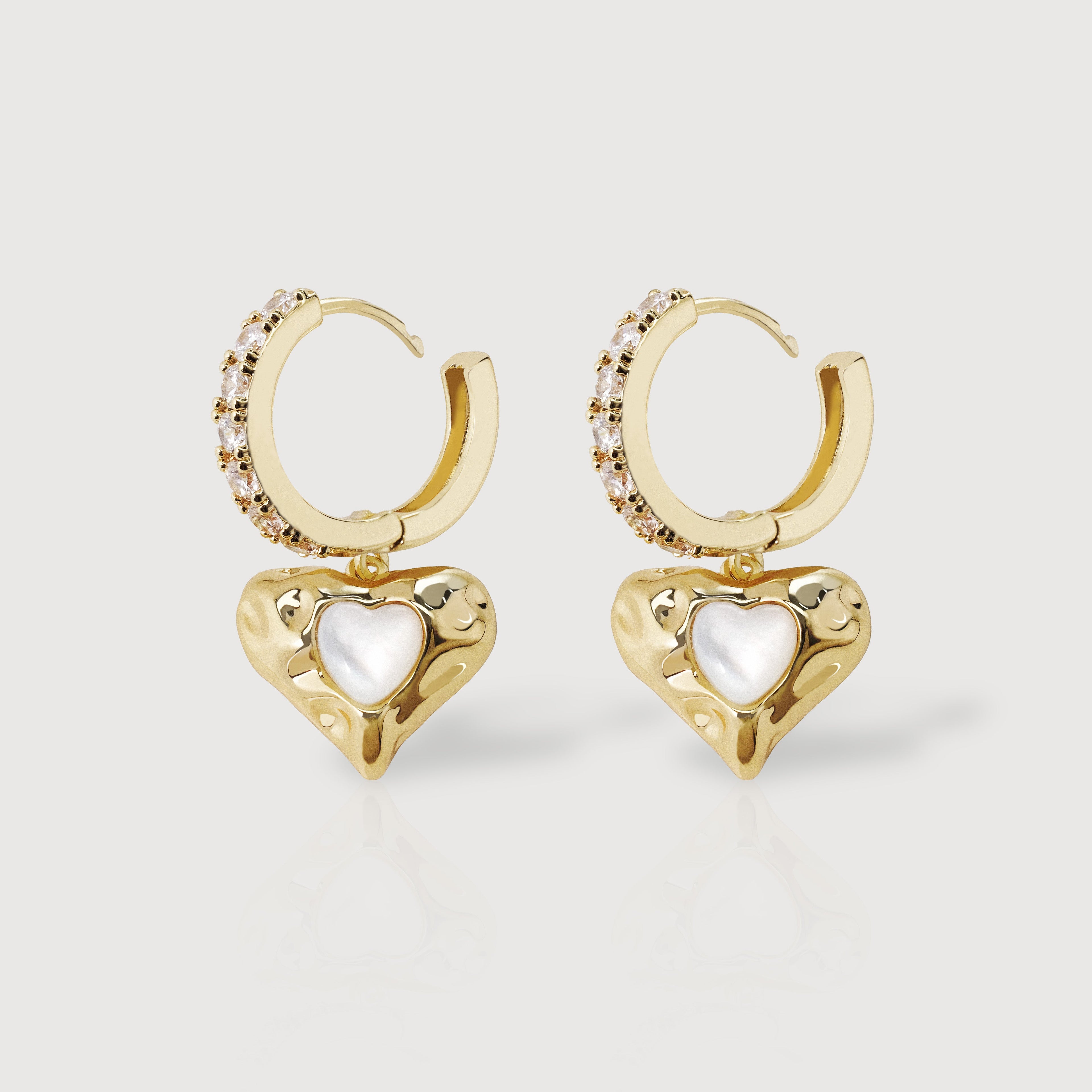 Pearl-Effect Heart Zirconia Hoop Earrings
