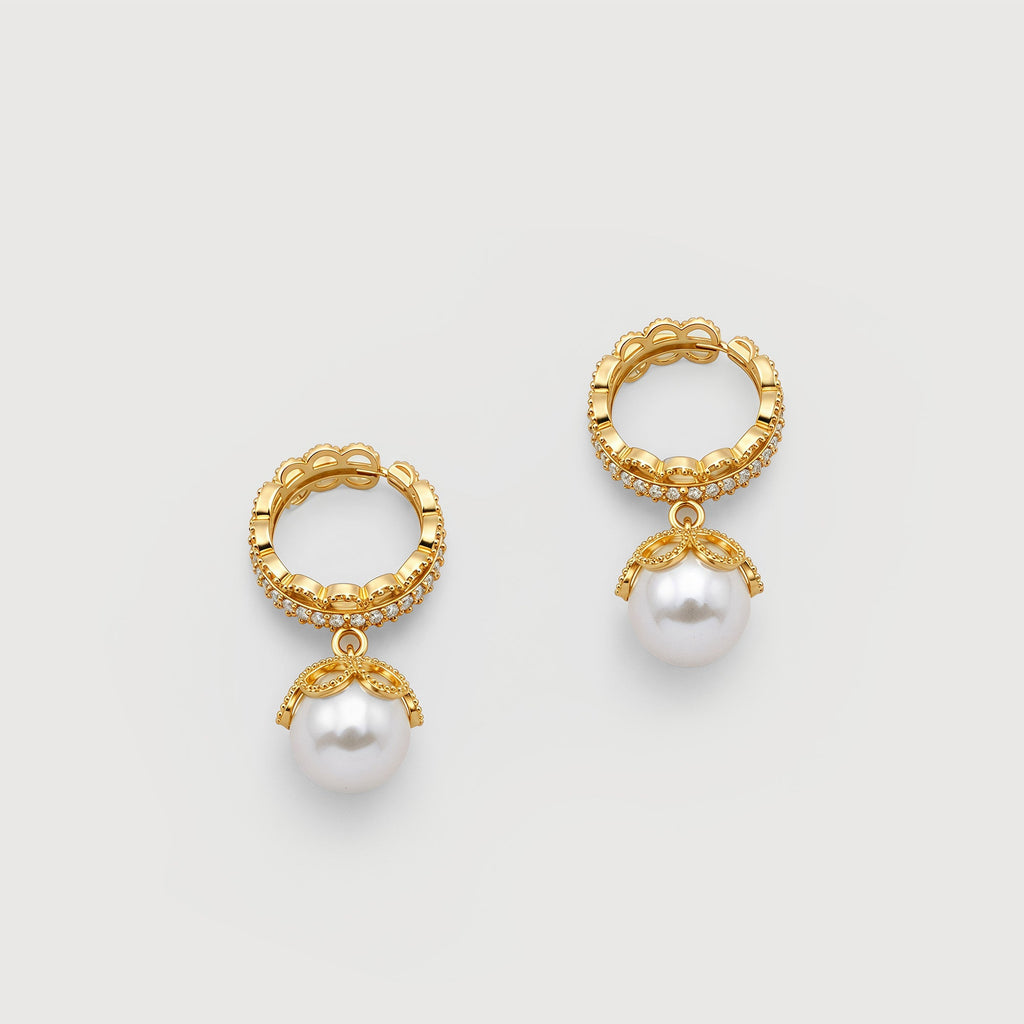 Ornate Hoop Pearl Drop Earrings