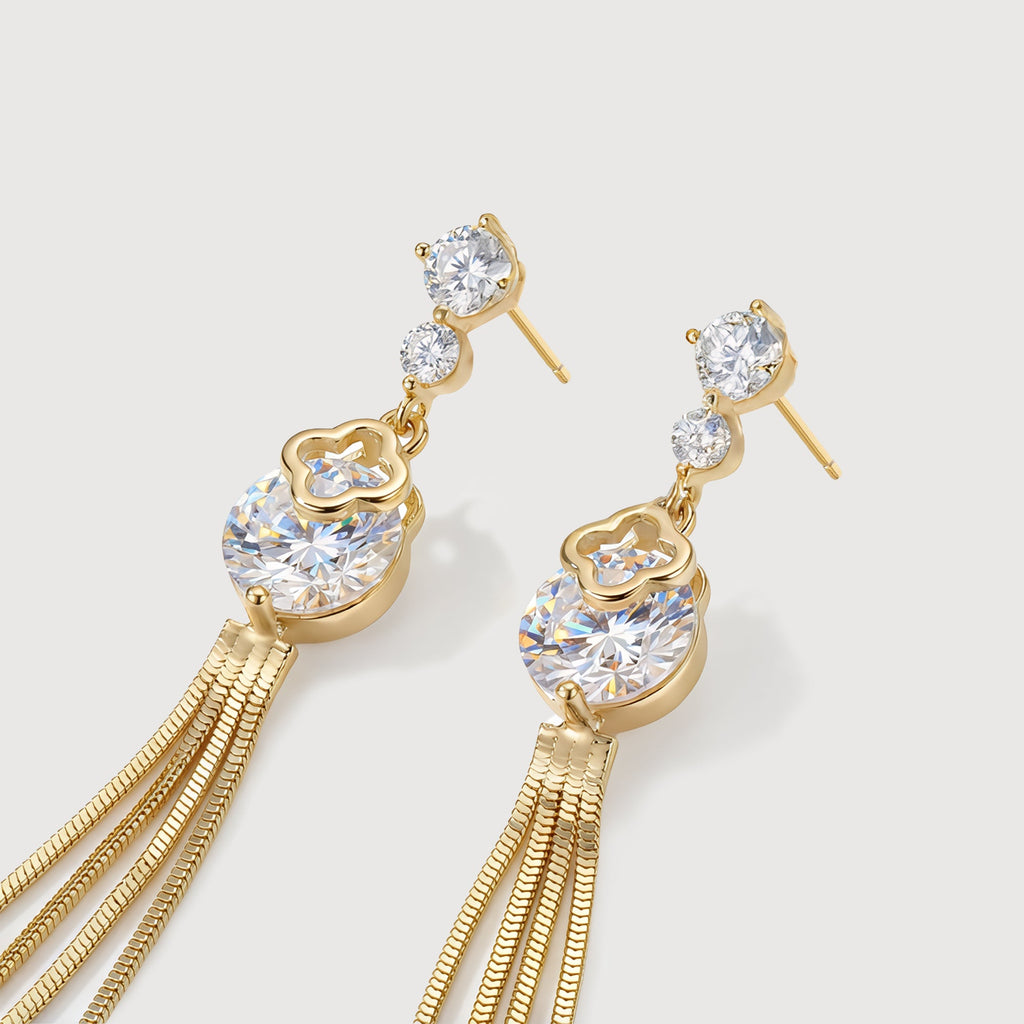 Clover Zircon Chain Tassel Drop Earrings