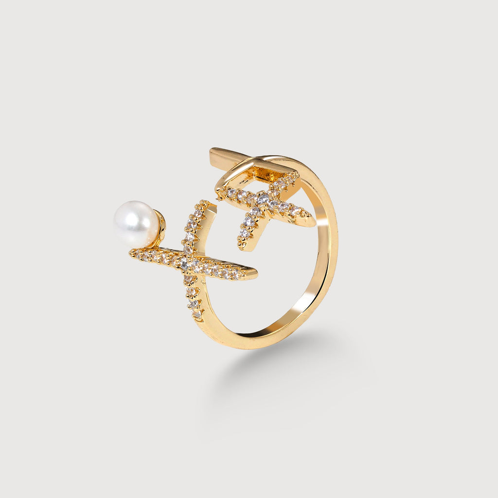 18K Gold-Plated Brass Pearl CZ Open Ring