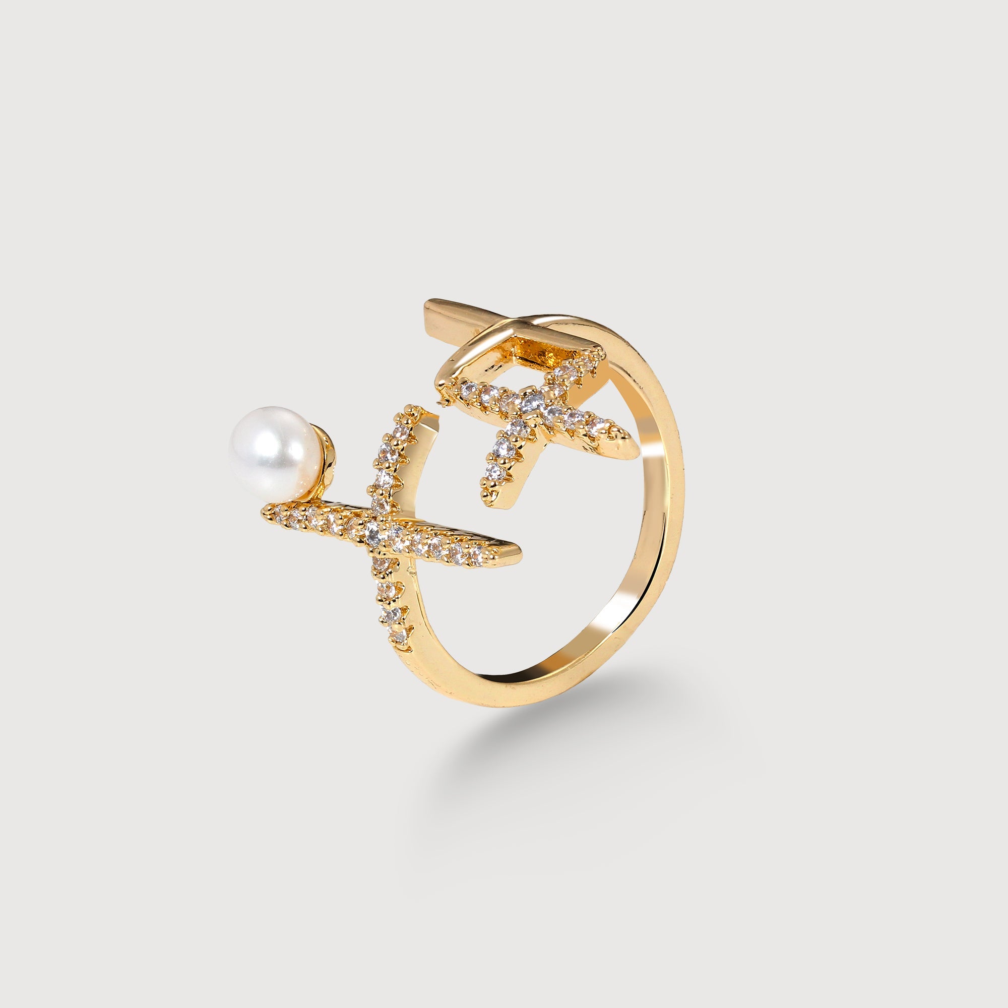 18K Gold-Plated Brass Pearl CZ Open Ring