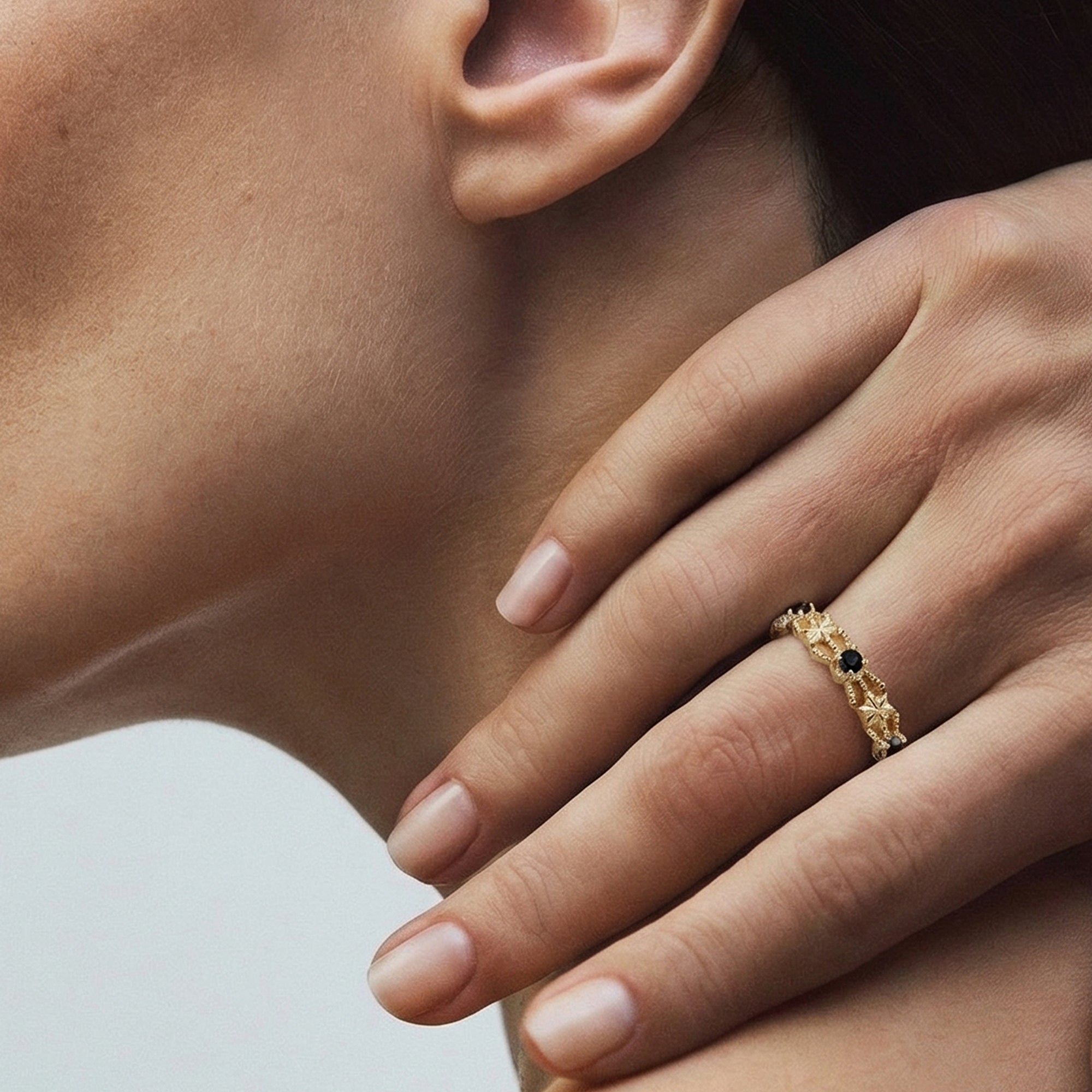 Gold-Plated S925 Patterned Stone Band Ring