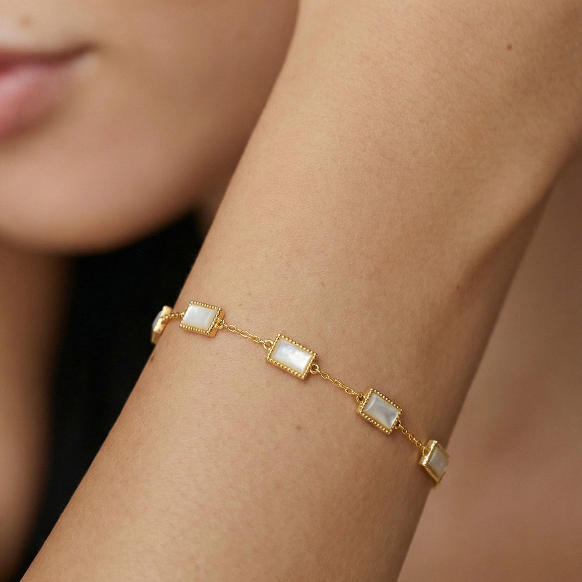 Gold-Tone S925 Silver Rectangular Inlay Bracelet