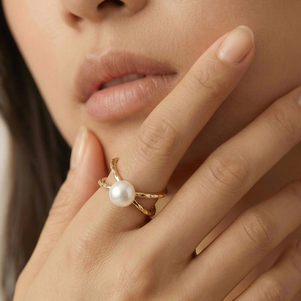 S925 Gold Plated Pearl Adjustable Open Ring