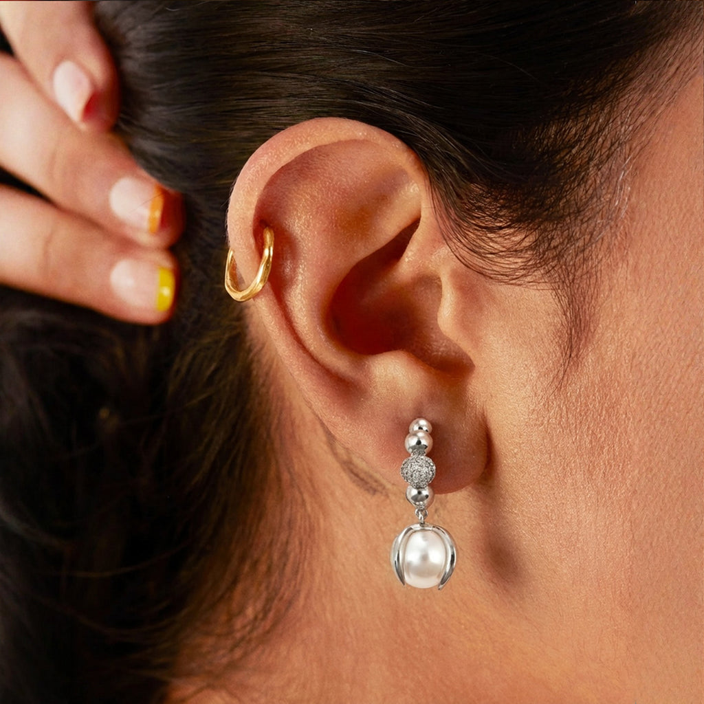 Silver-Tone Beaded Pearl Drop Earrings