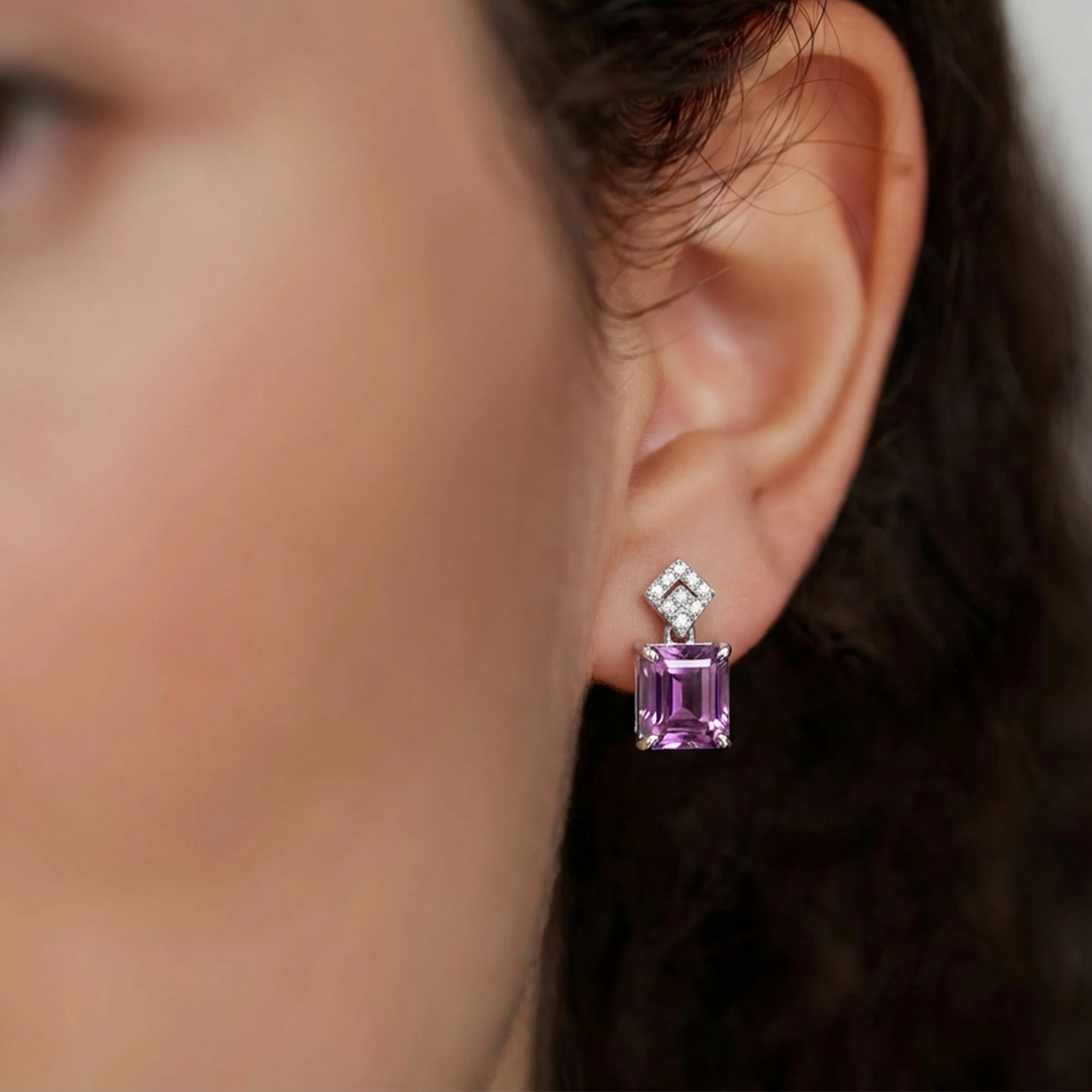 Pink Square-Cut Zircon Drop Stud Earrings