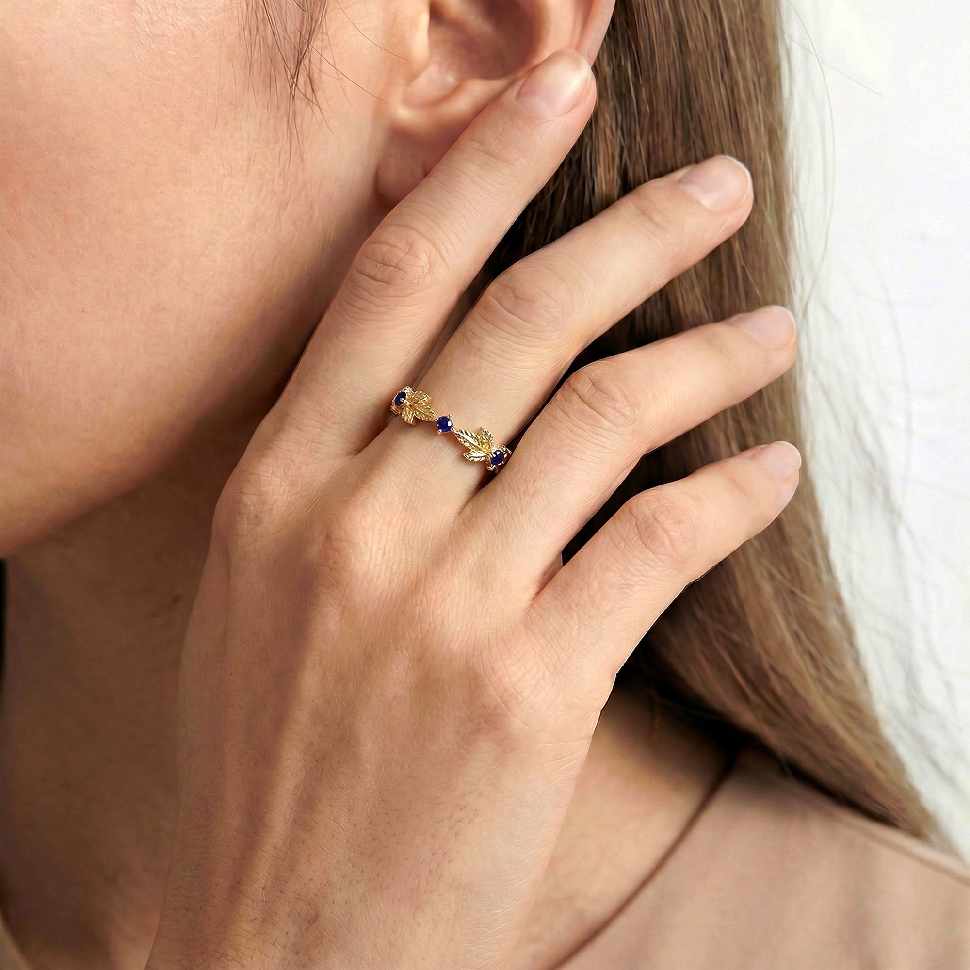S925 Gold Plated Blue Spinel Leaf Adjustable Ring