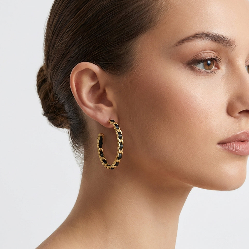 Black Woven Gold-Tone Chain Hoop Earrings