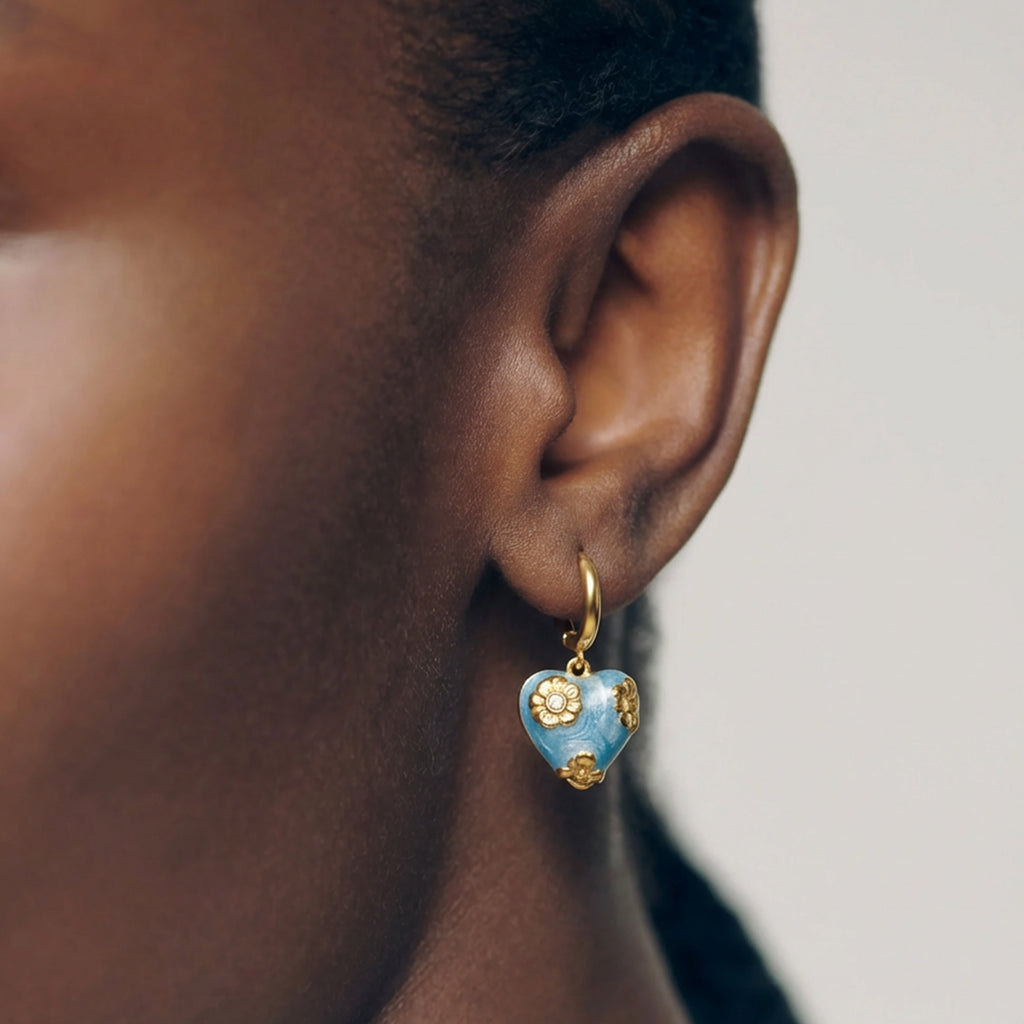 Blue Floral Heart Hinged Hoop Earrings