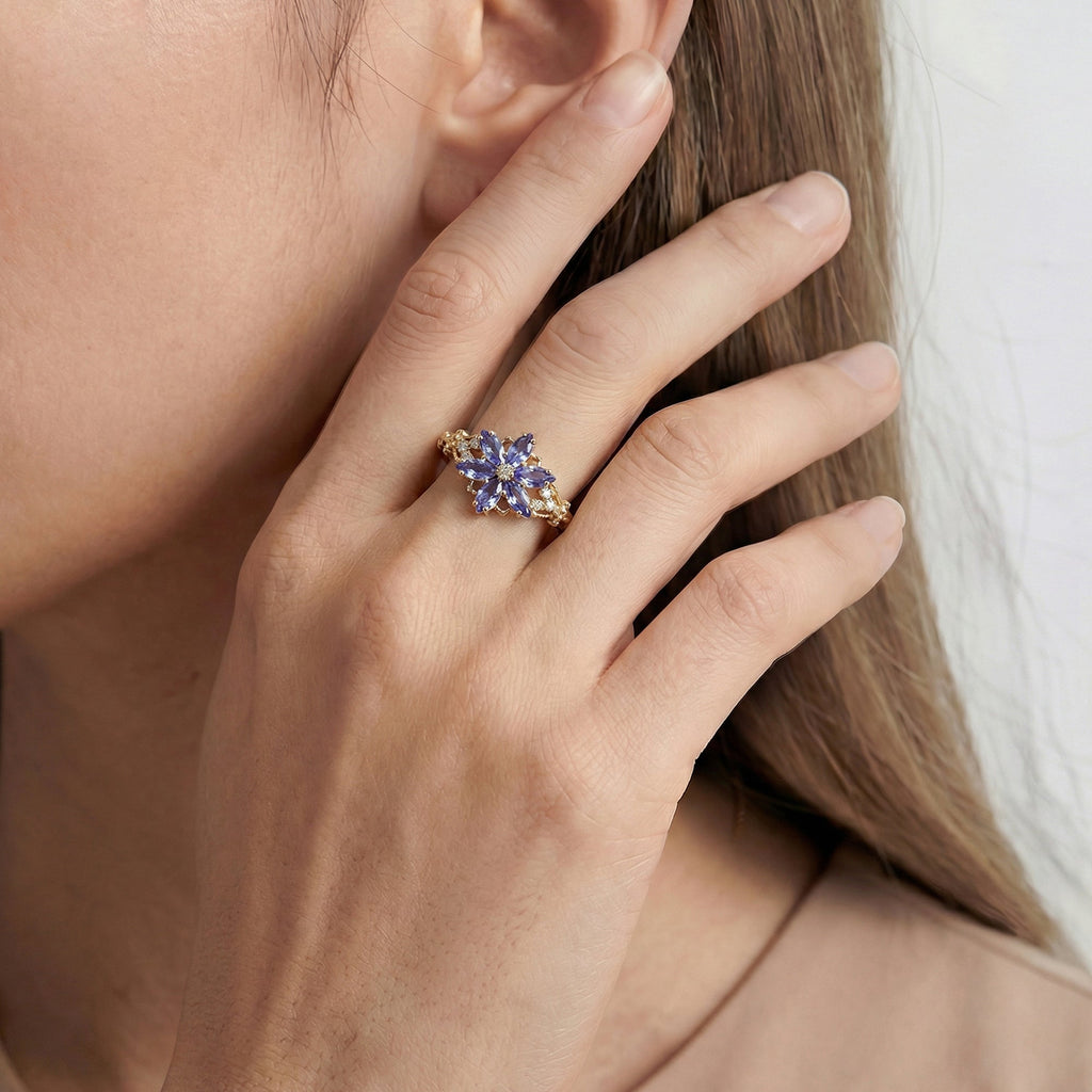 S925 Gold Plated Tanzanite Flower Adjustable Ring