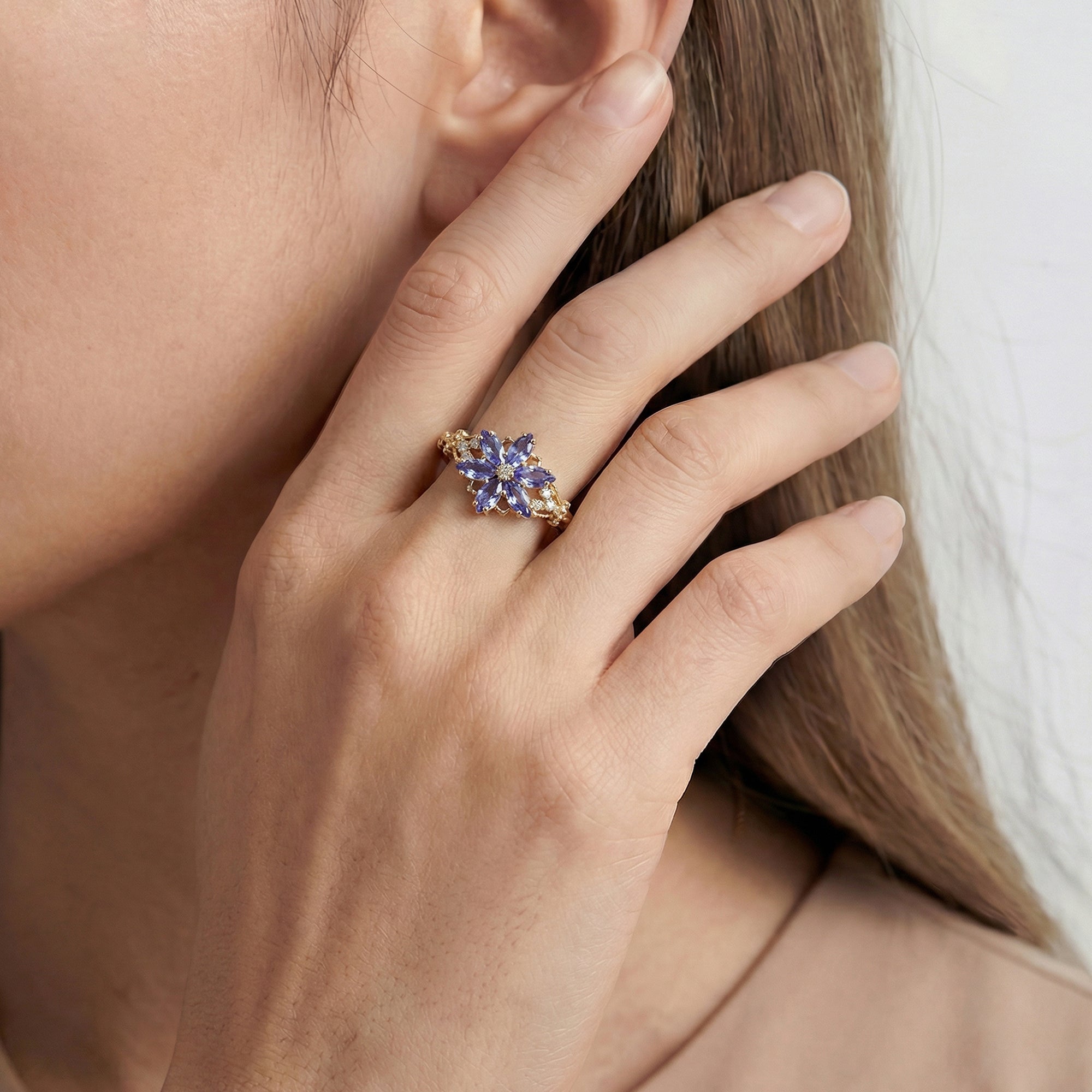 S925 Gold Plated Tanzanite Flower Adjustable Ring