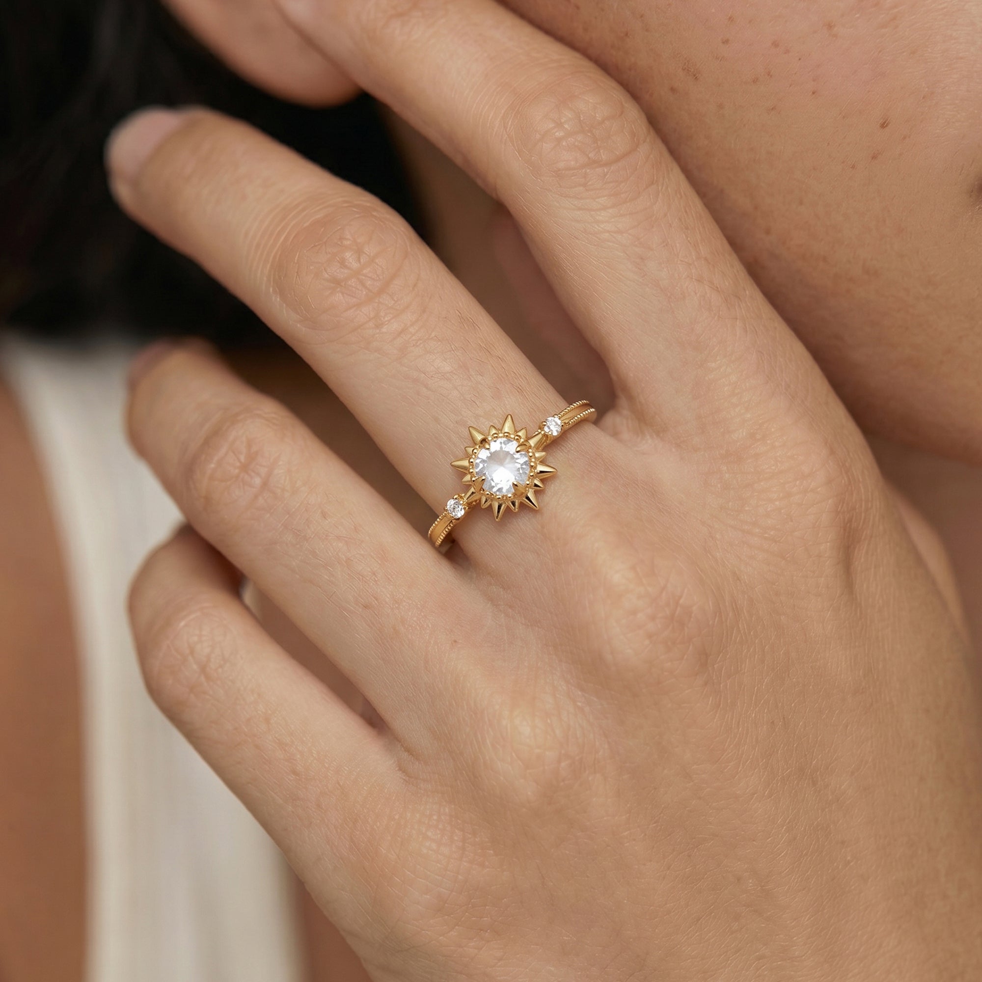 White Crystal Sunburst Gold-Plated S925 Ring